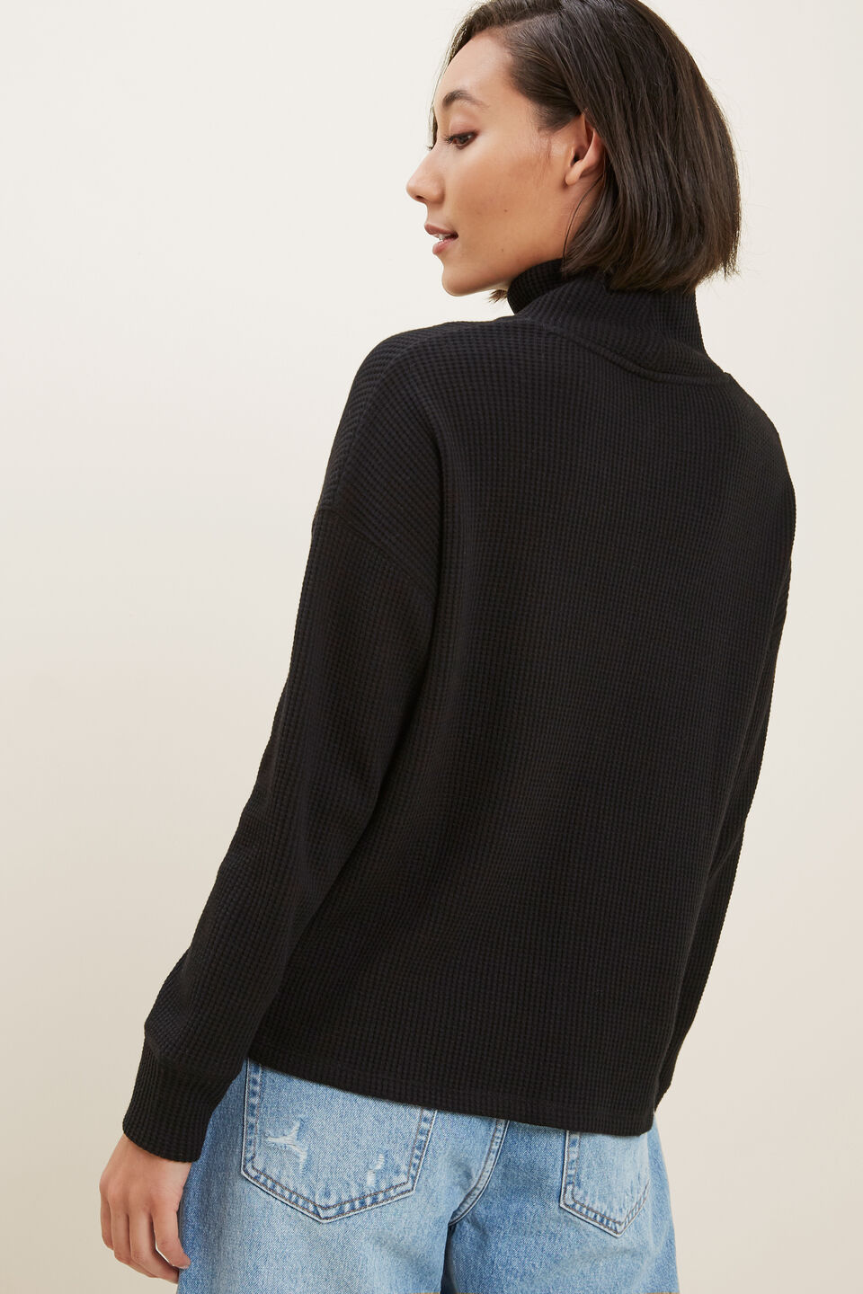 Textured Mock Neck Top  Black