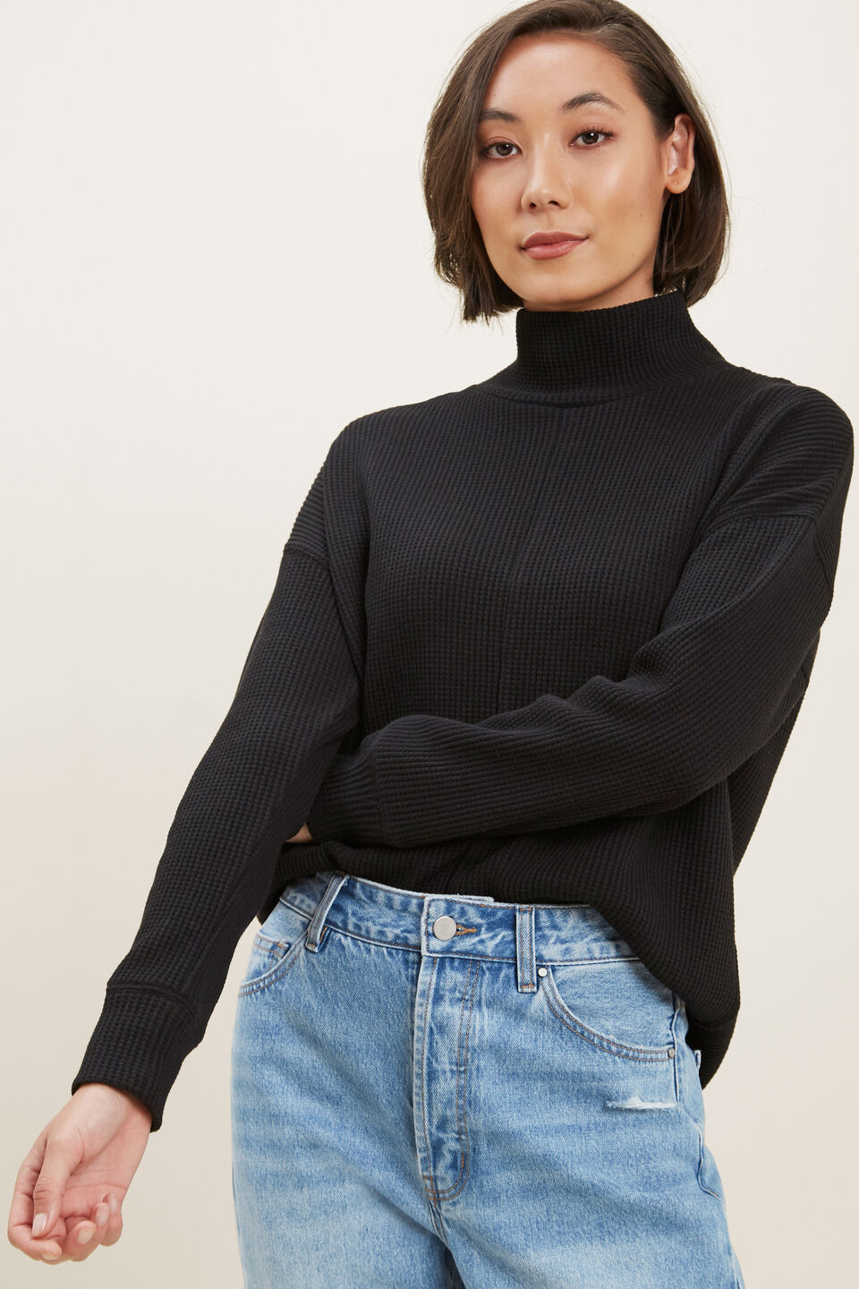 Textured Mock Neck Top  Black