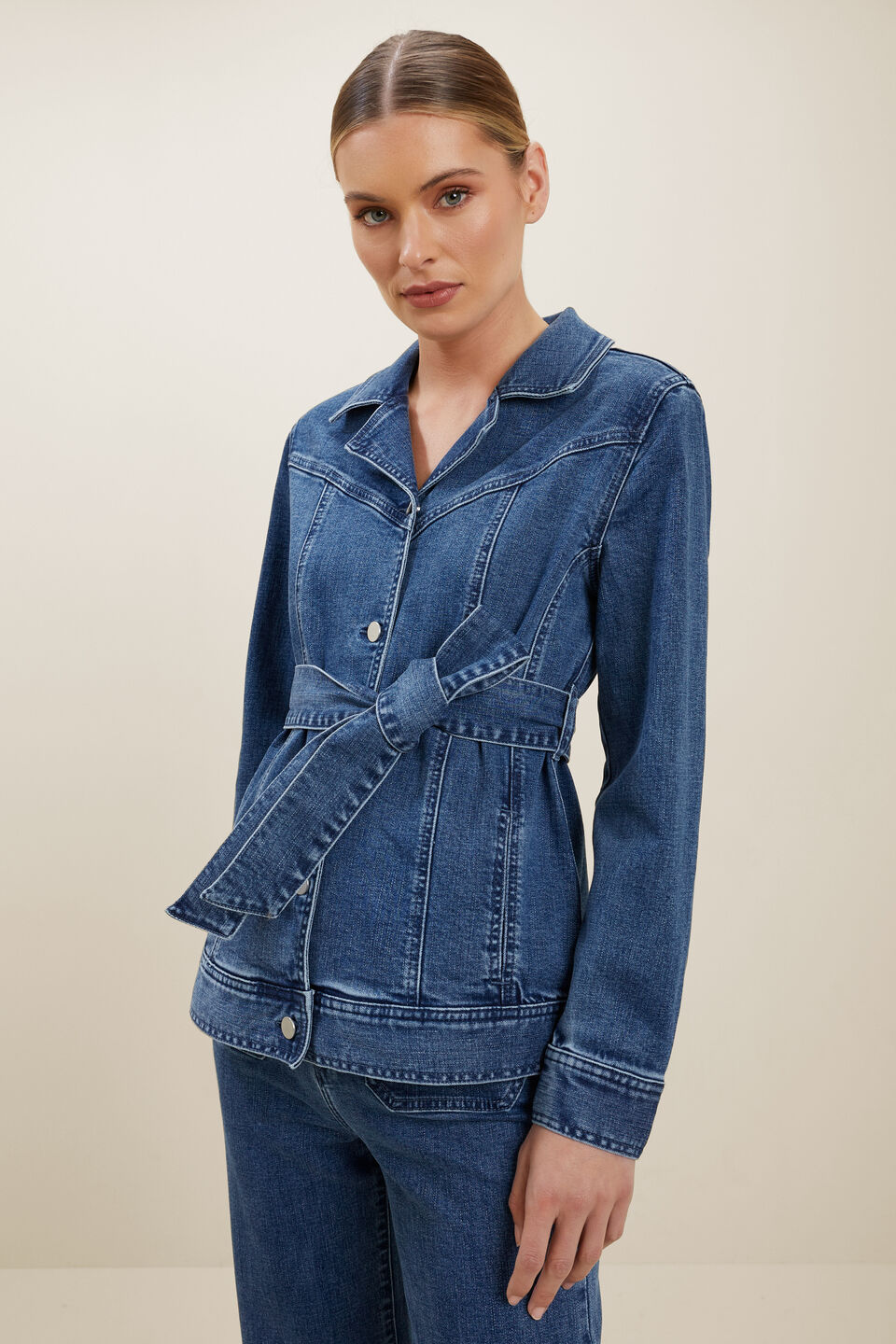 Denim Tie Up Jacket  Mid Indigo Denim