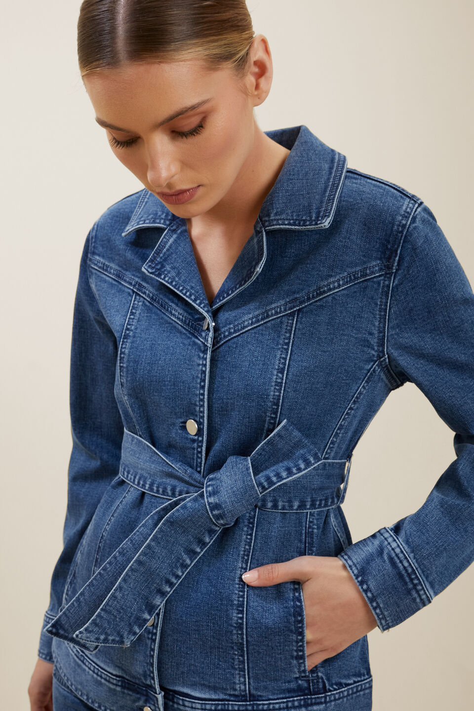 Denim Tie Up Jacket  Mid Indigo Denim