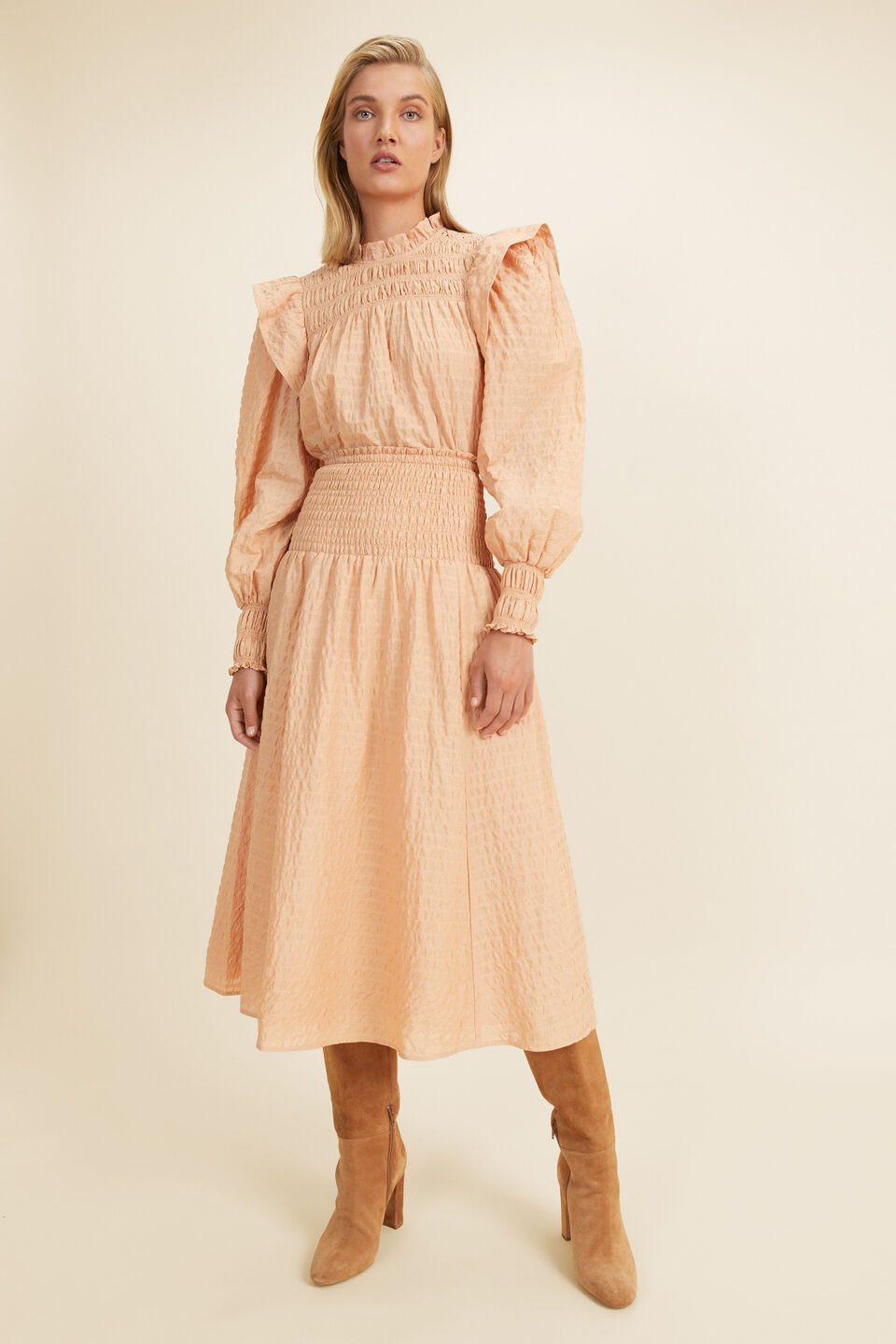 Textured Shirred Midi Skirt  Light Ginger