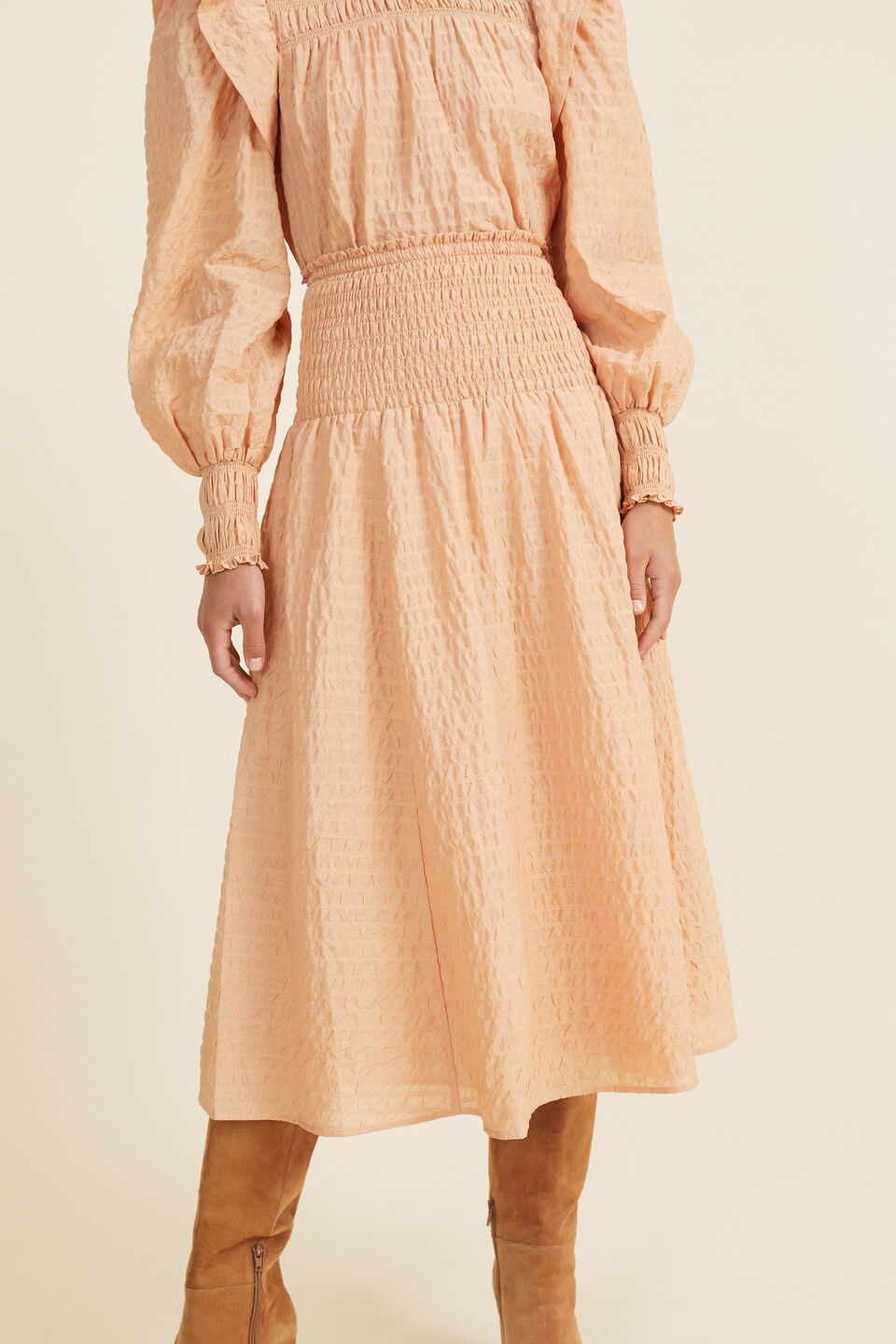 Textured Shirred Midi Skirt  Light Ginger