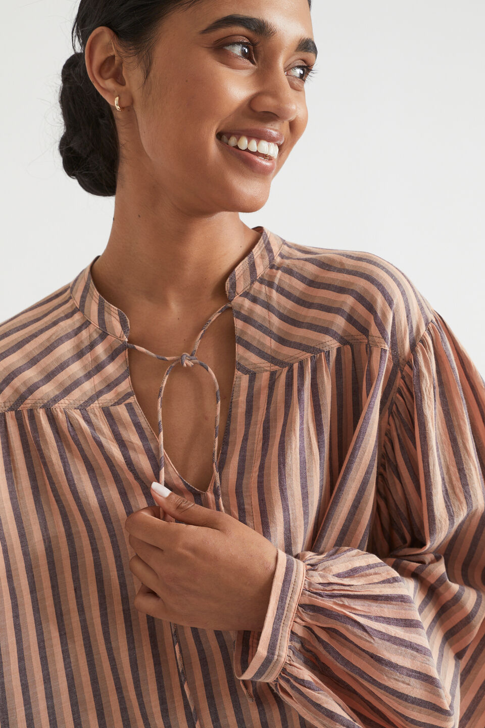 Stripe Voile Gathered Yoke Blouse  Peach Rose Stripe