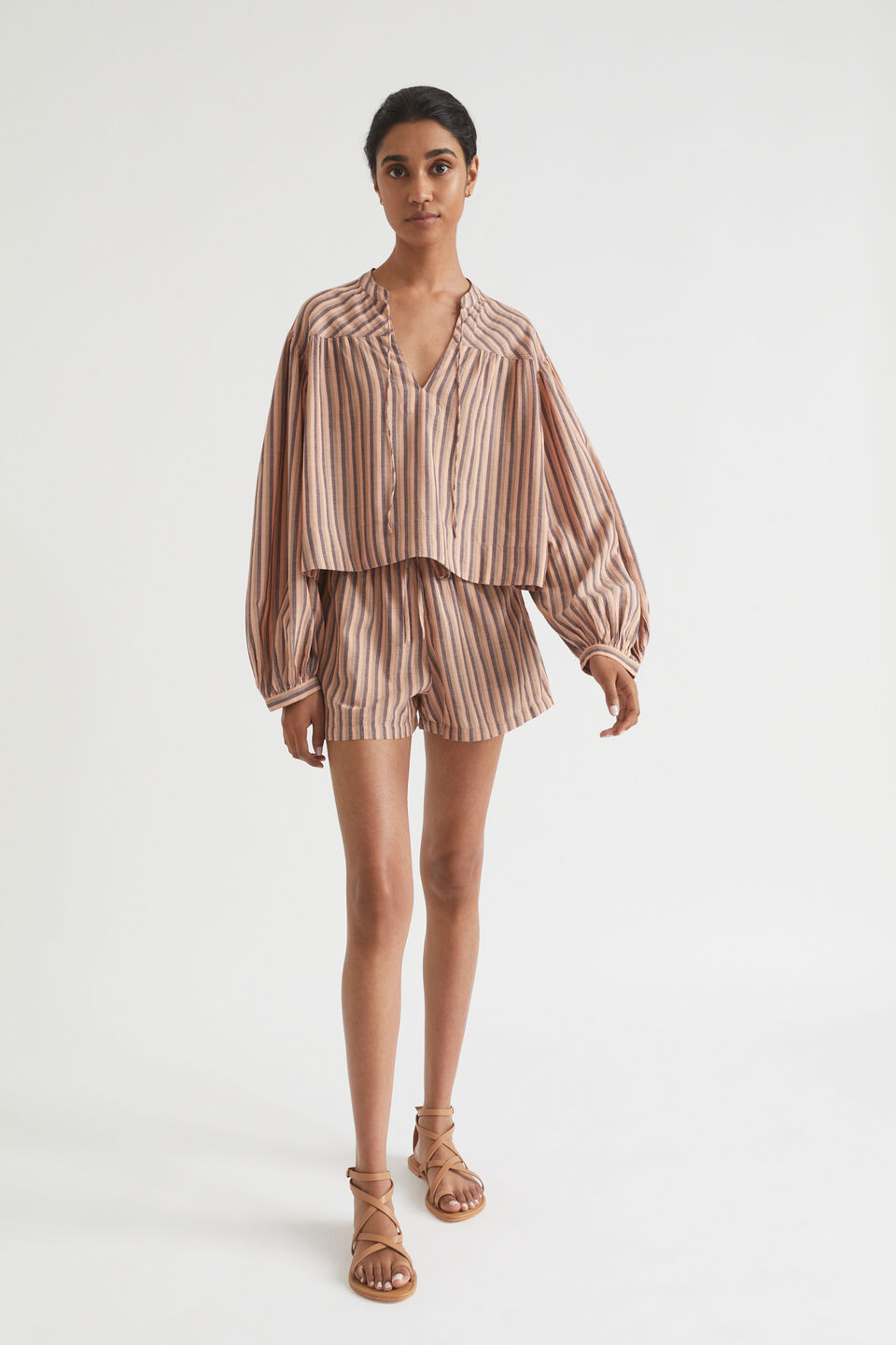 Stripe Voile Gathered Yoke Blouse  Peach Rose Stripe