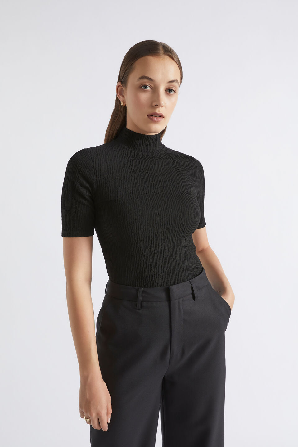 Mock Neck Textured Top  Black