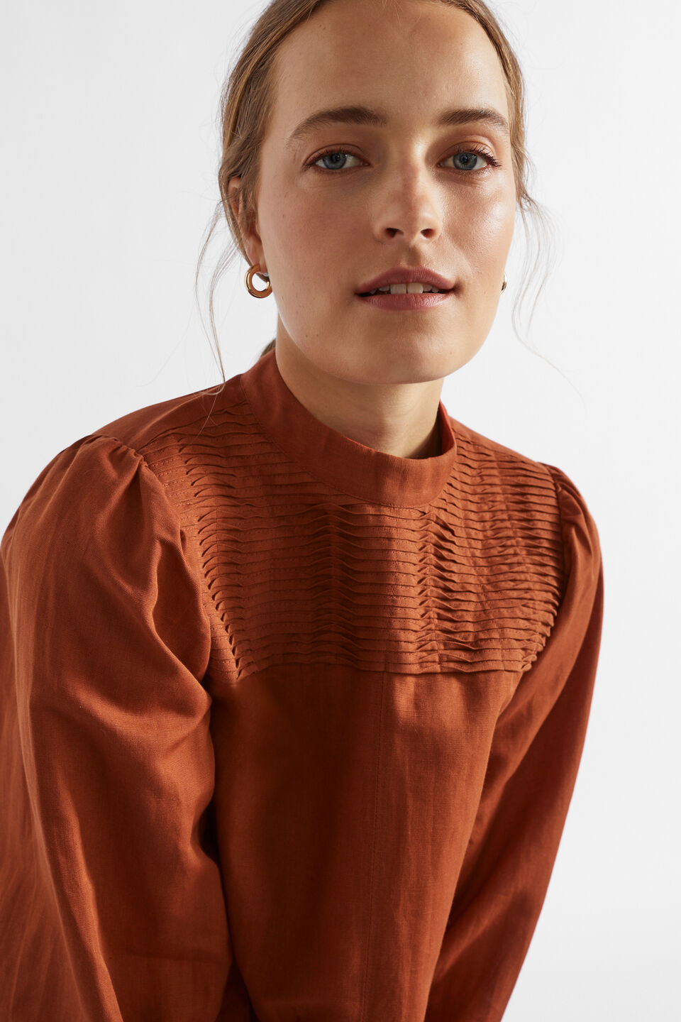 Linen Blend Pintuck Blouse  Burnt Brick