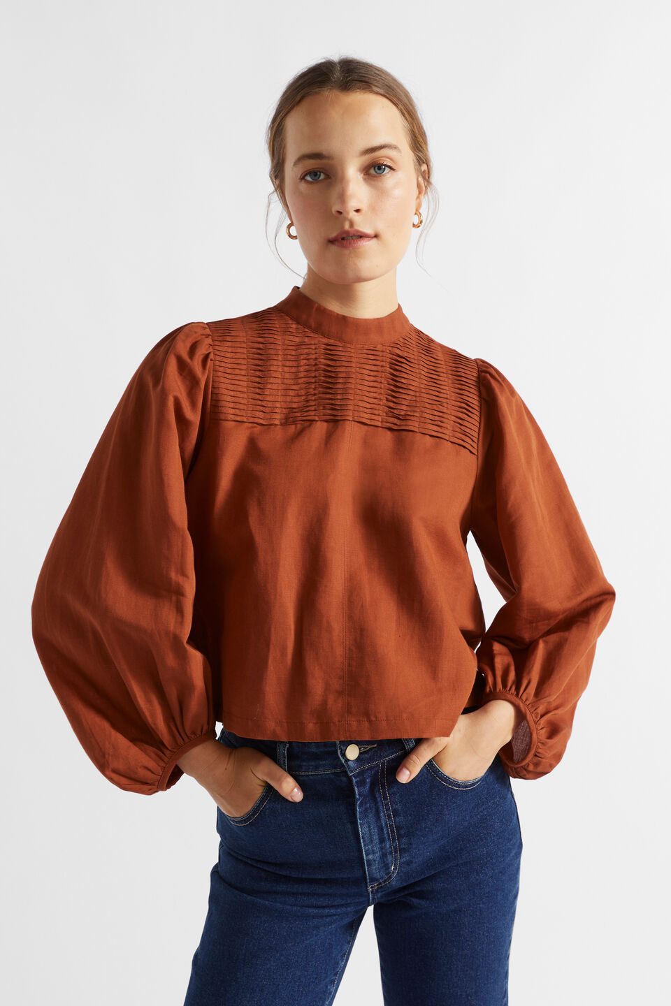Linen Blend Pintuck Blouse  Burnt Brick