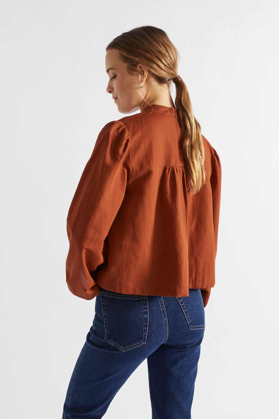 Linen Blend Pintuck Blouse  Burnt Brick