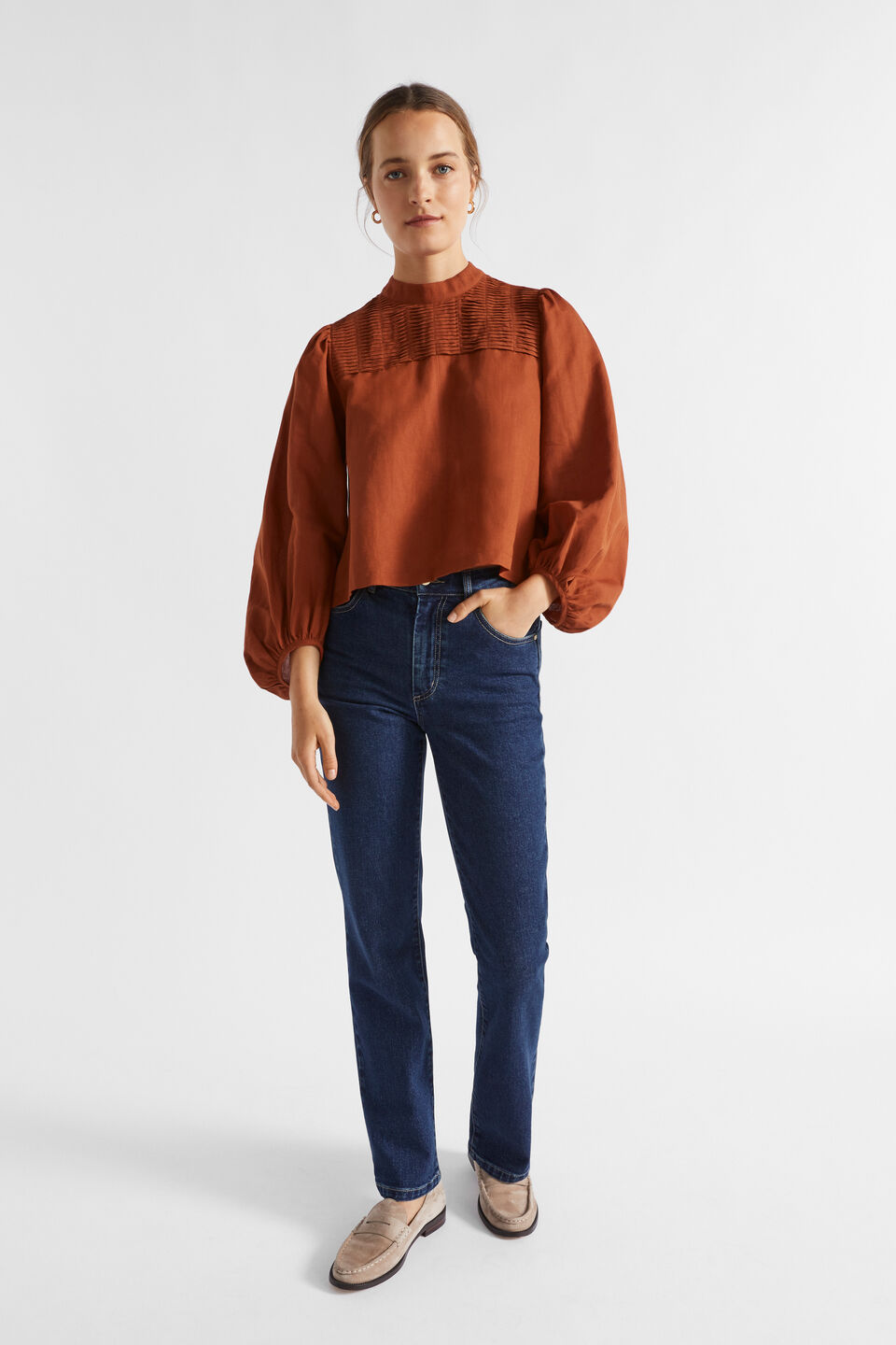 Linen Blend Pintuck Blouse  Burnt Brick