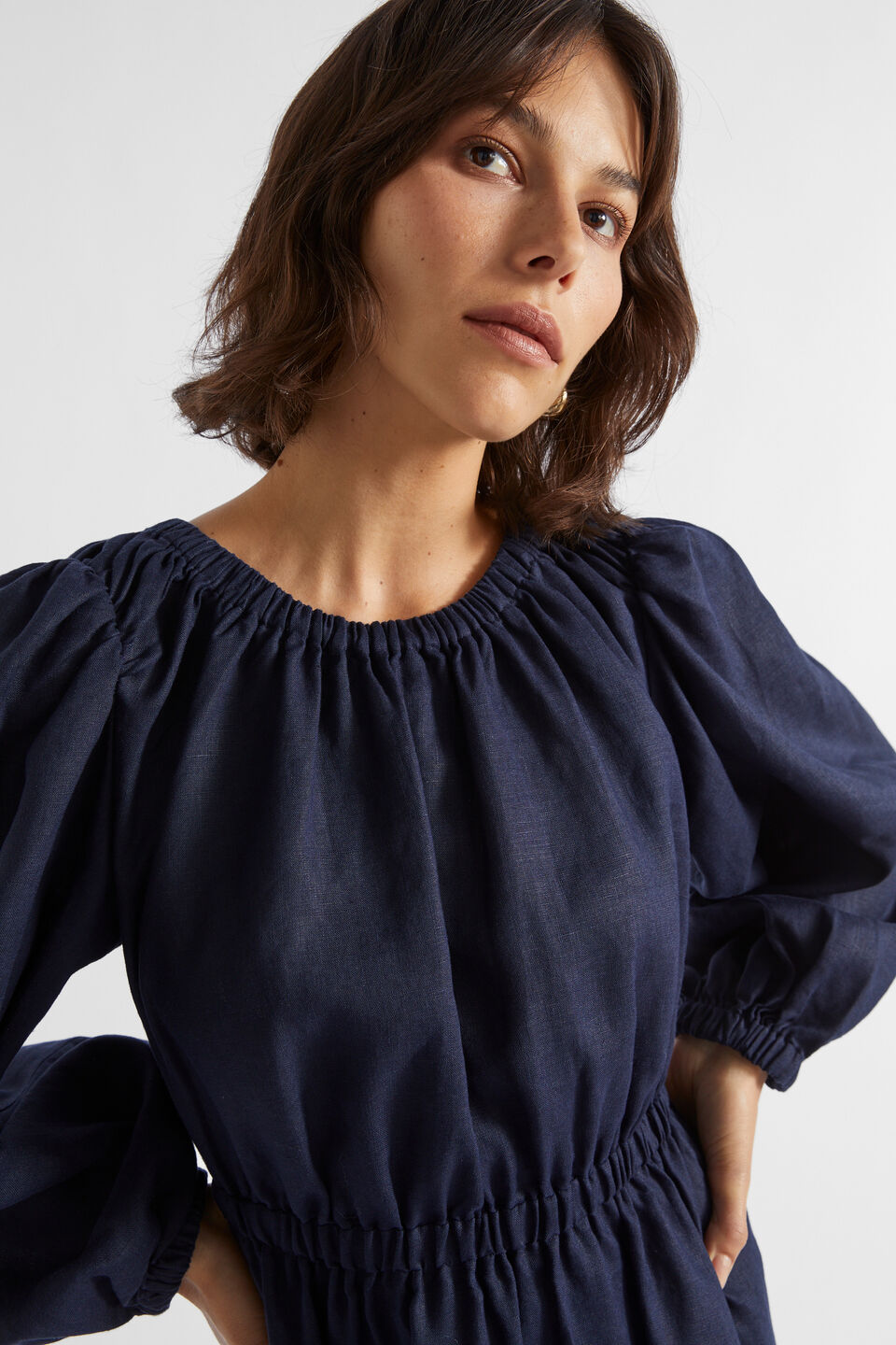 Linen Elasticated Mini Dress  Midnight Sky