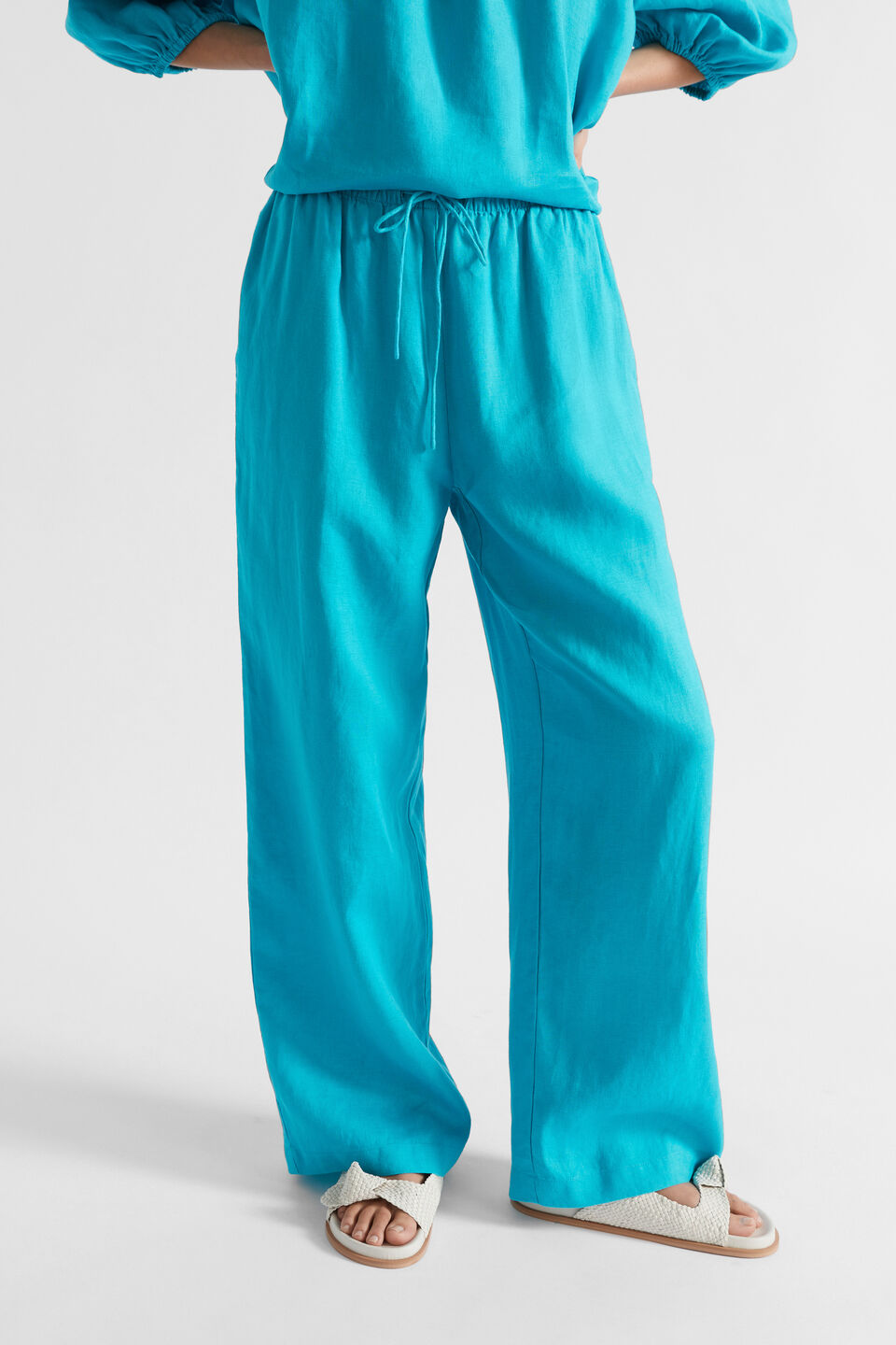Core Linen Wide Leg Tie Pant  Peacock Blue