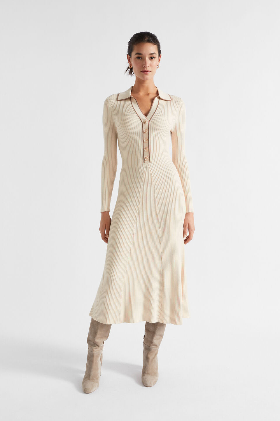 Polo Tipping Detail Knit Midi Dress  Vanilla Cream  hi-res