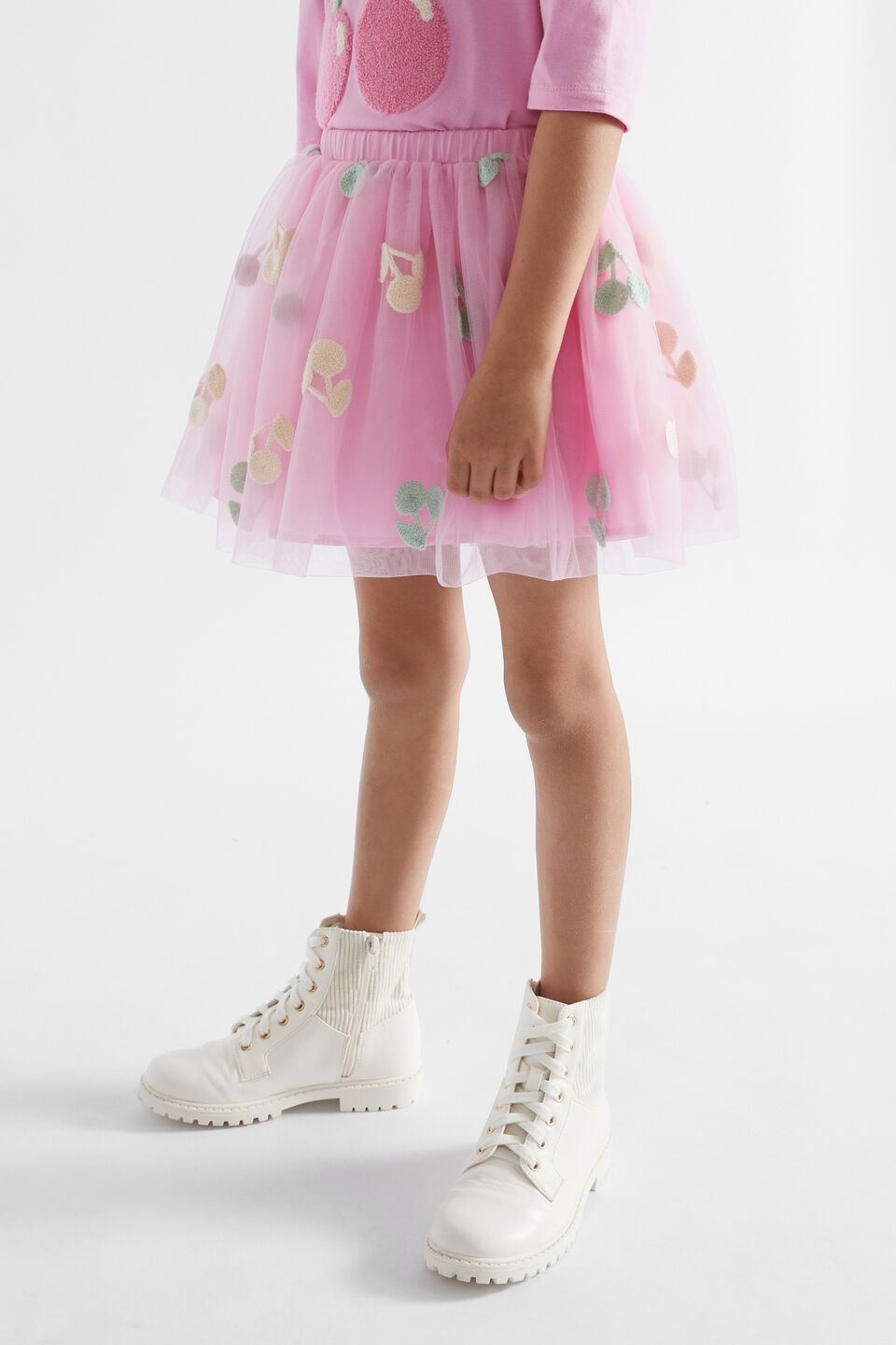 Multi Cherry Embroidered Tutu  Candy Pink