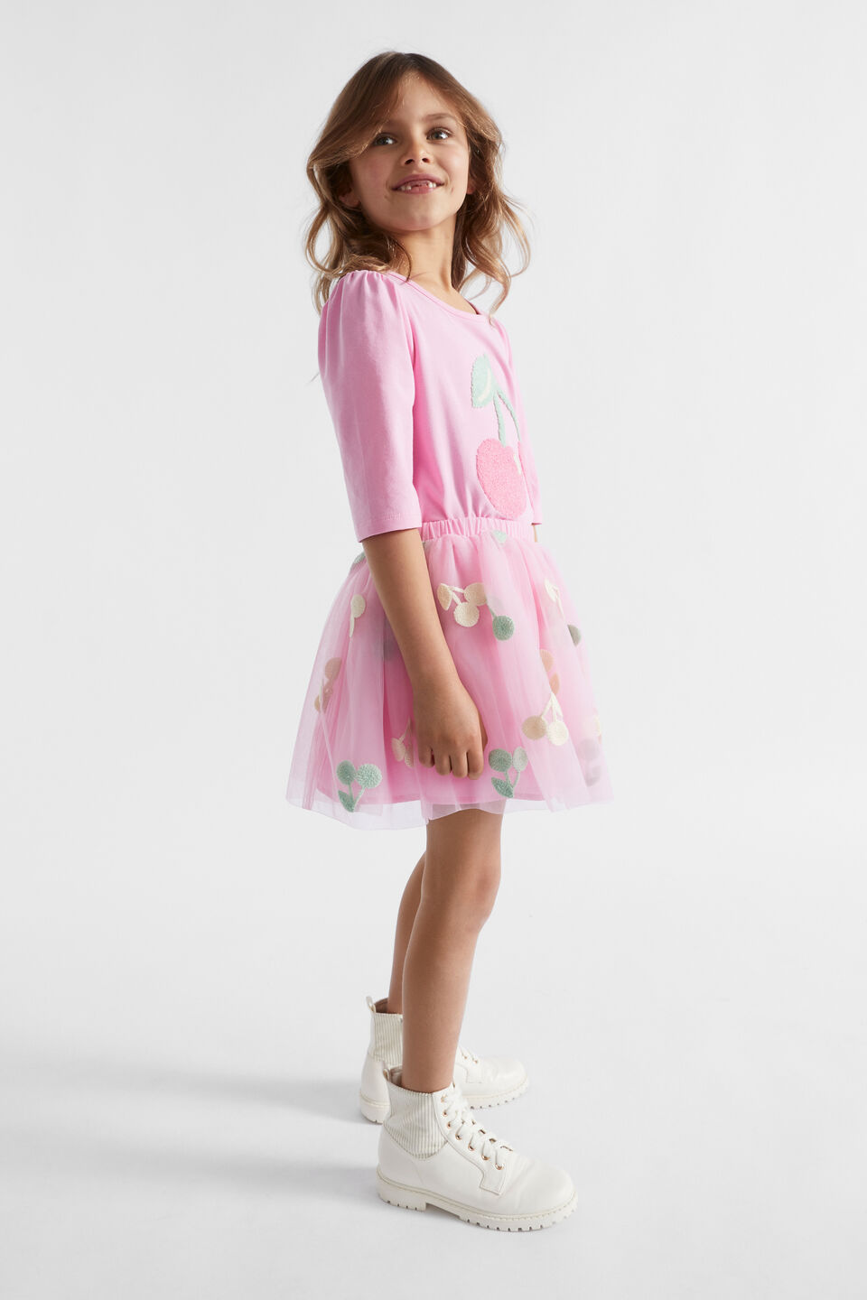 Multi Cherry Embroidered Tutu  Candy Pink