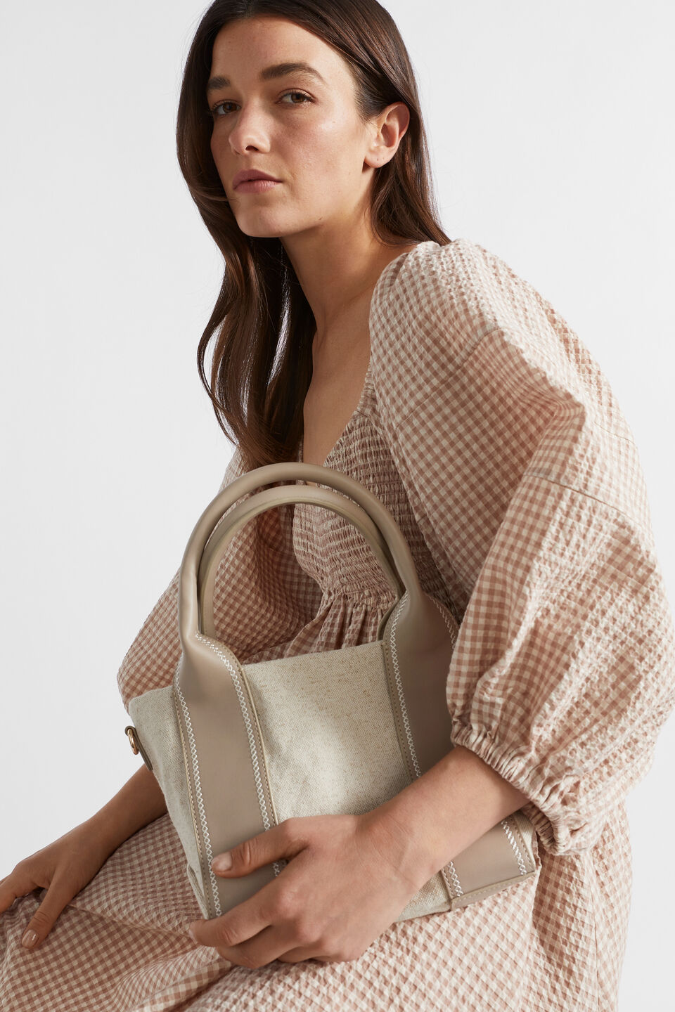 Textured Mini Stitch Detail Tote  Cookie Natural