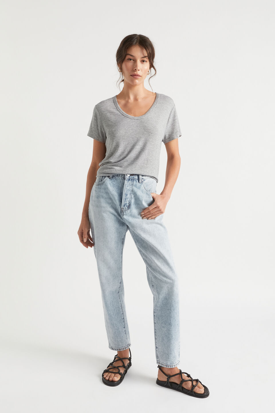 Linen Blend Stripe Tee  Deep Navy Stripe