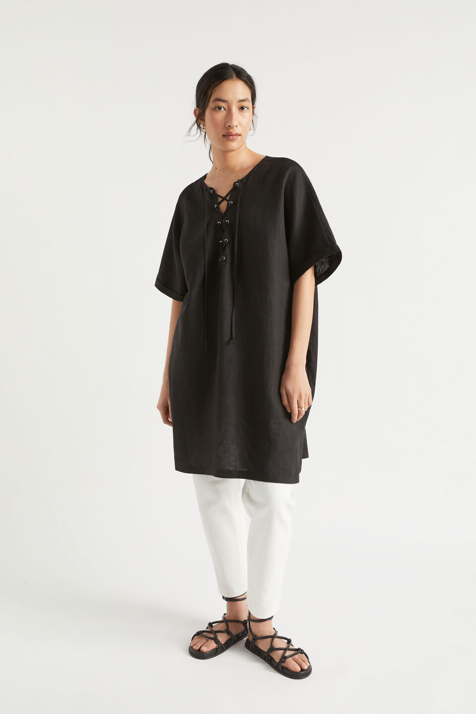Linen Tie Up Kaftan  Black