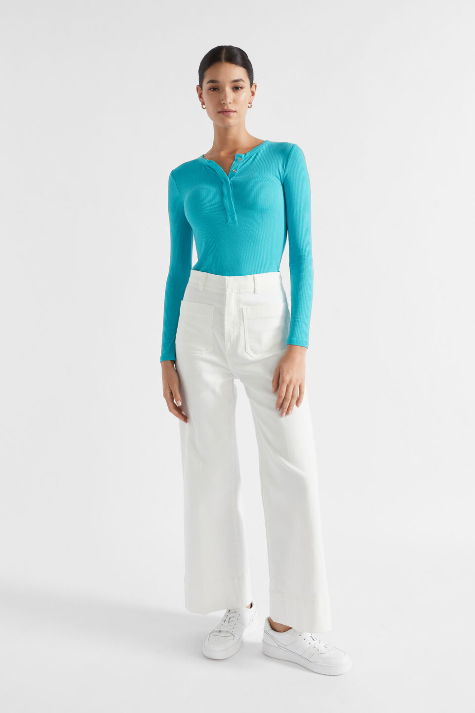Core Rib Henley Top  Peacock Blue
