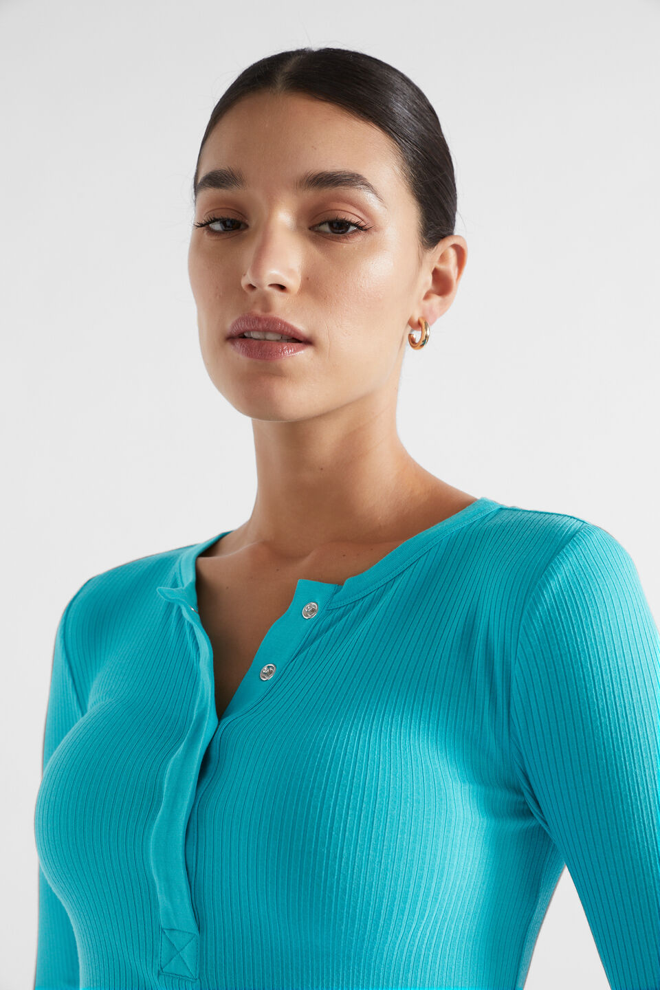 Core Rib Henley Top  Peacock Blue