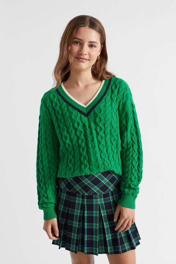 V-Neck Cable Knit  Emerald Green  hi-res
