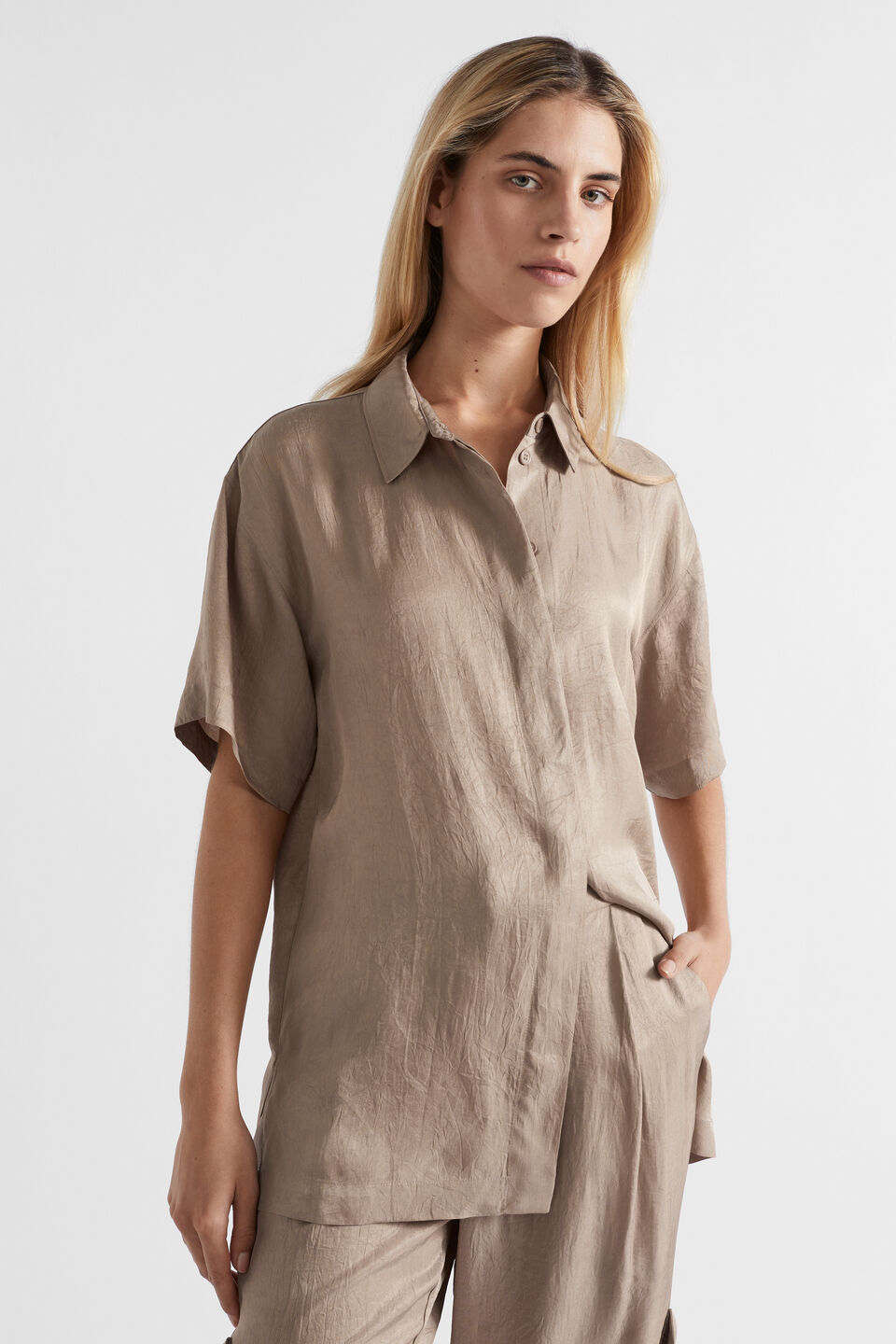 Satin Short Sleeve Shirt  Cookie