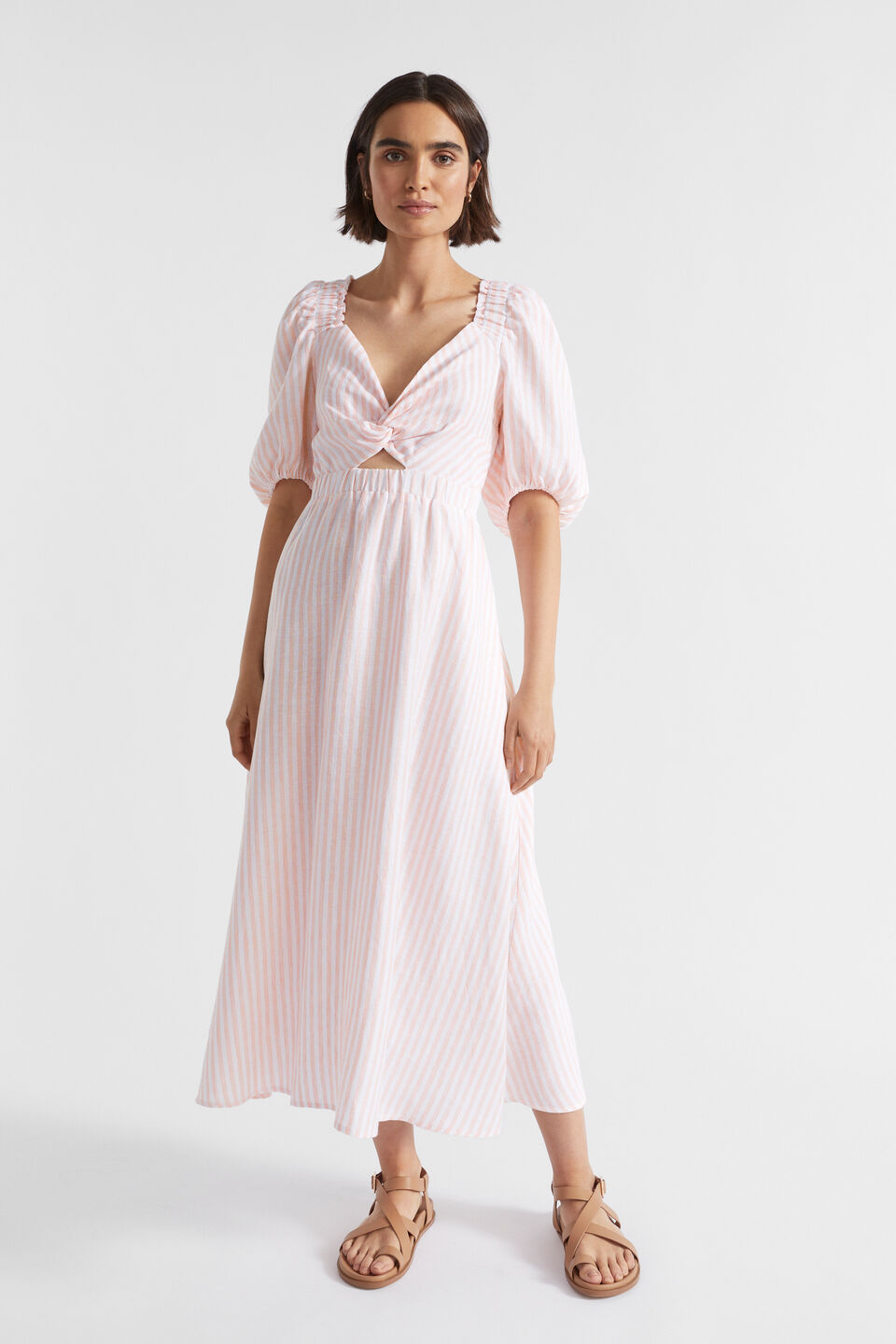 Linen Stripe Midi Dress  Tulip Pink Stripe