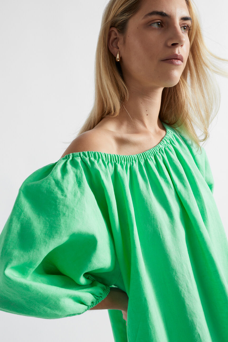 Linen Gathered Maxi Dress  Key Lime