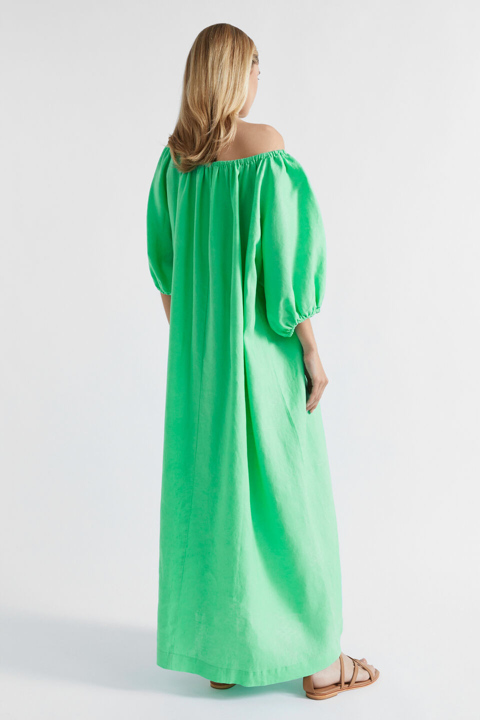 Linen Gathered Maxi Dress  Key Lime
