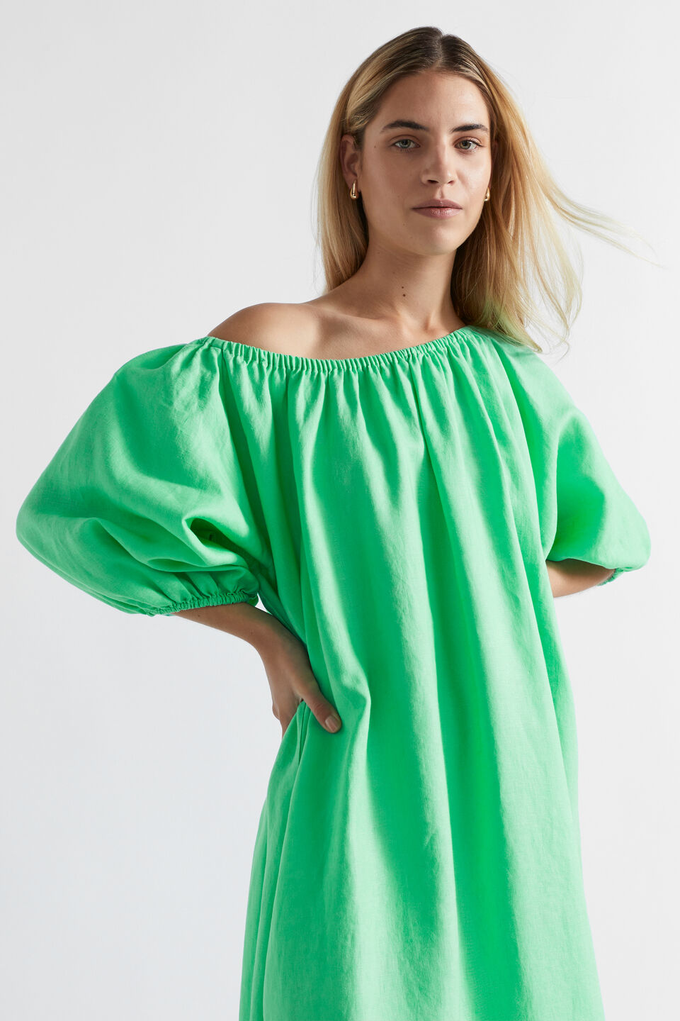 Linen Gathered Maxi Dress  Key Lime