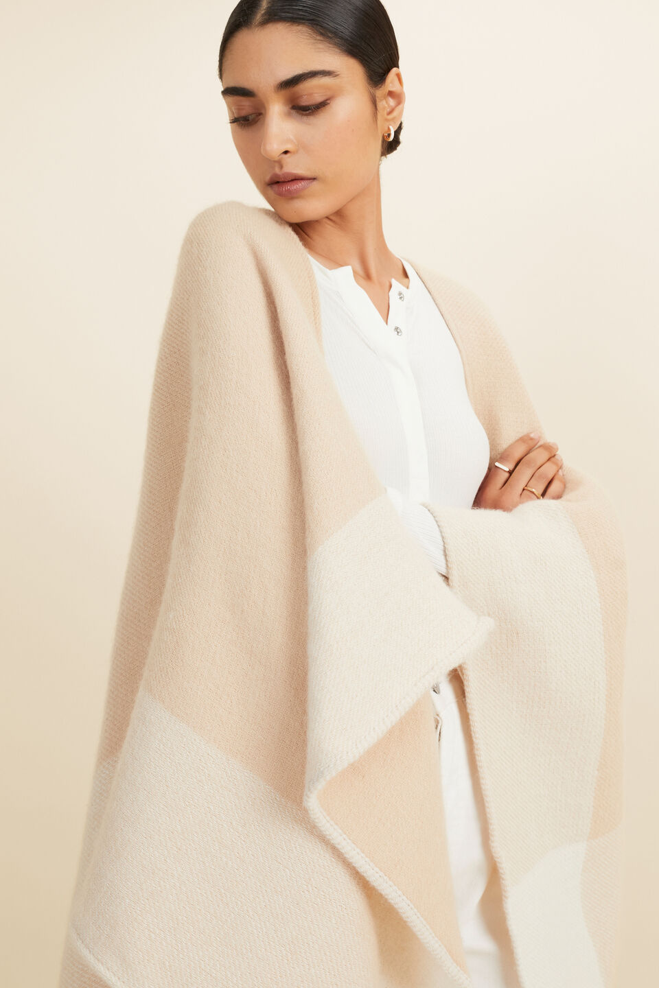 Wool Blend Colour Block Cape  Champagne Beige Multi
