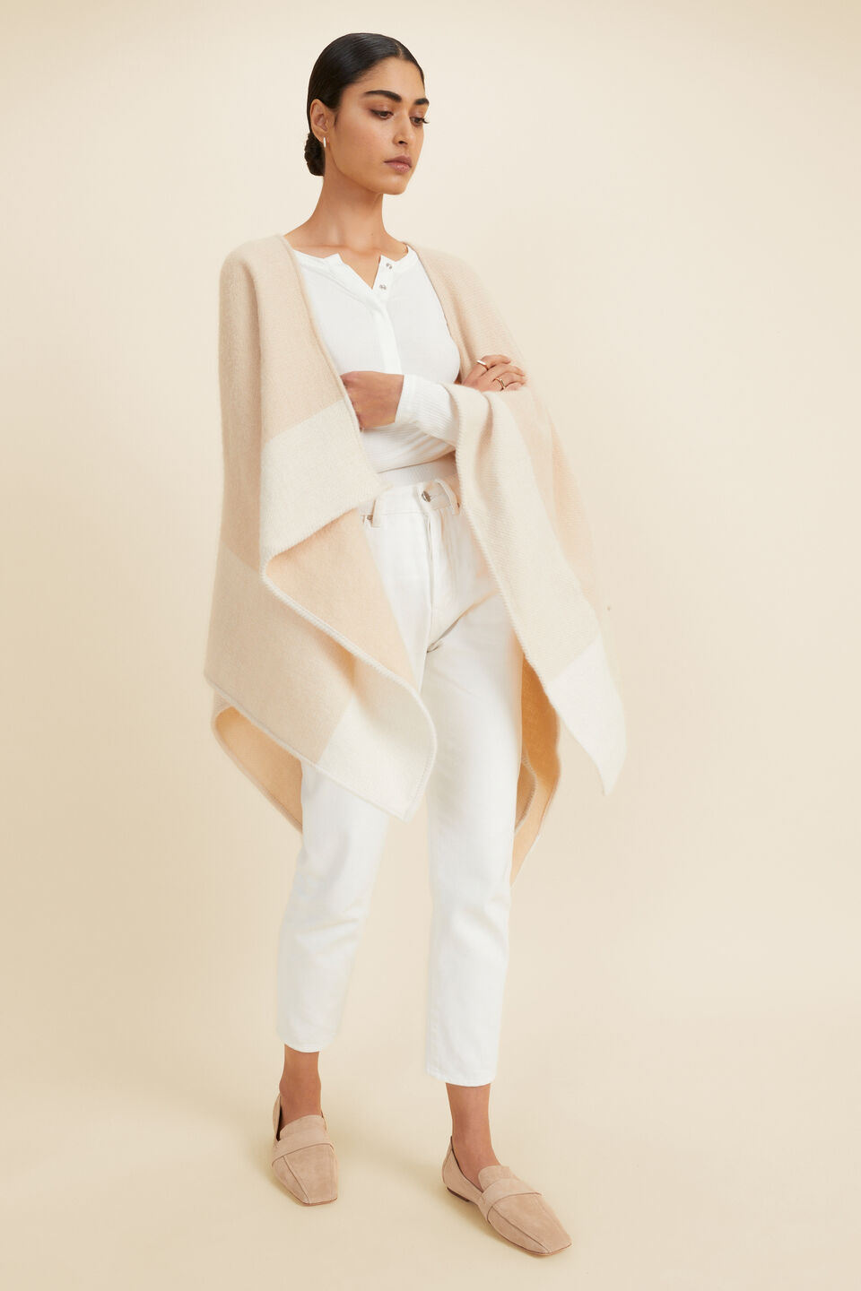 Wool Blend Colour Block Cape  Champagne Beige Multi