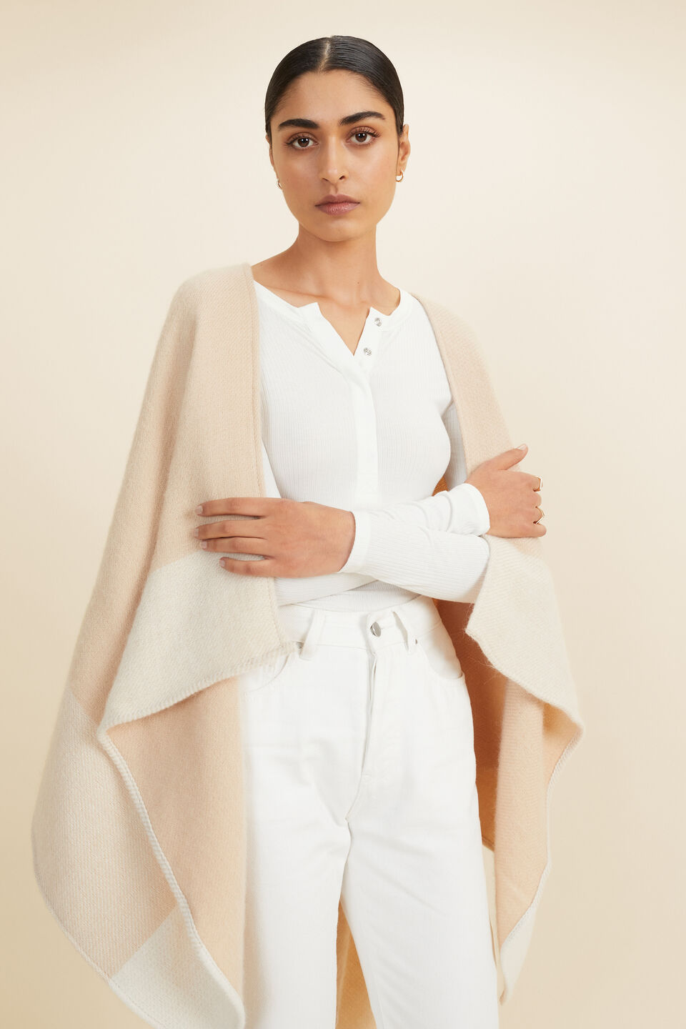 Wool Blend Colour Block Cape  Champagne Beige Multi