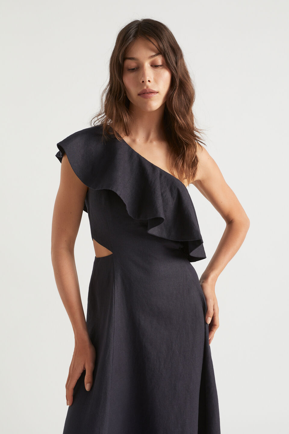 Linen Fitted One Shoulder Midi Dress  Deep Navy
