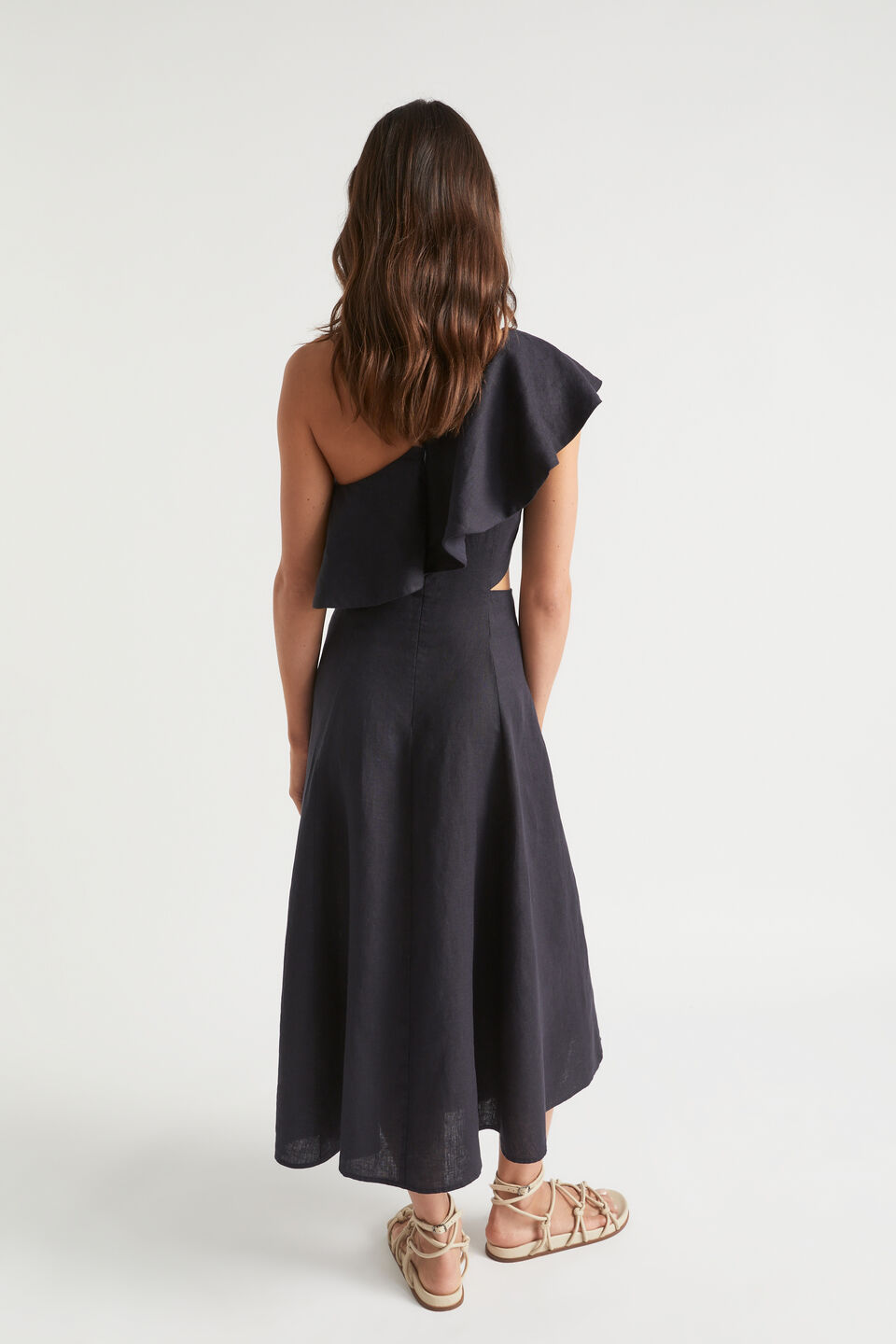 Linen Fitted One Shoulder Midi Dress  Deep Navy