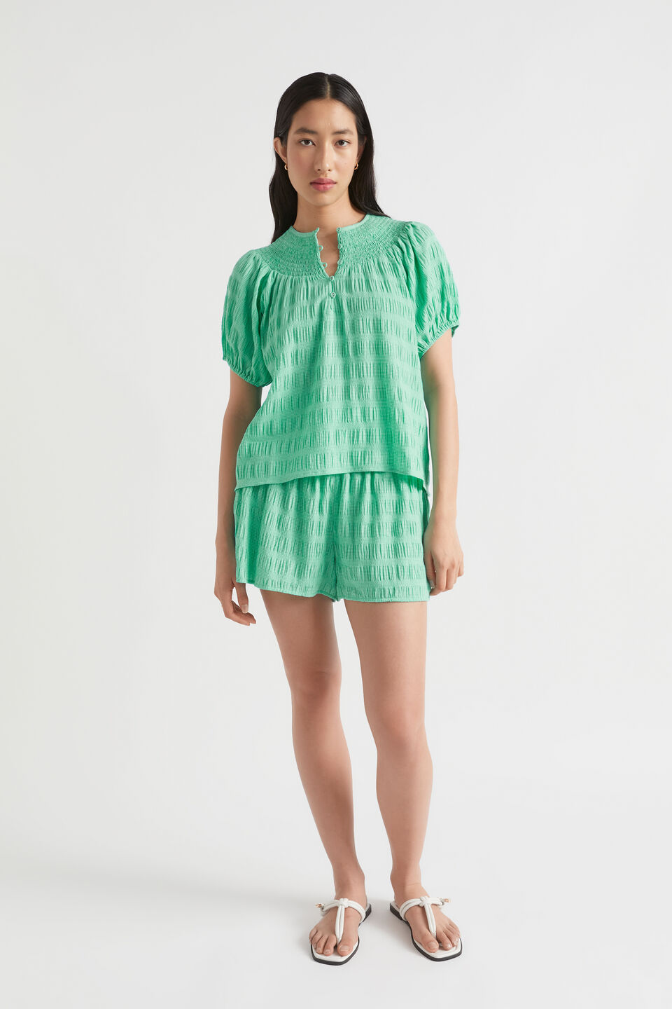Textured Gingham Shirred Waist Short  Jade Green Gingham