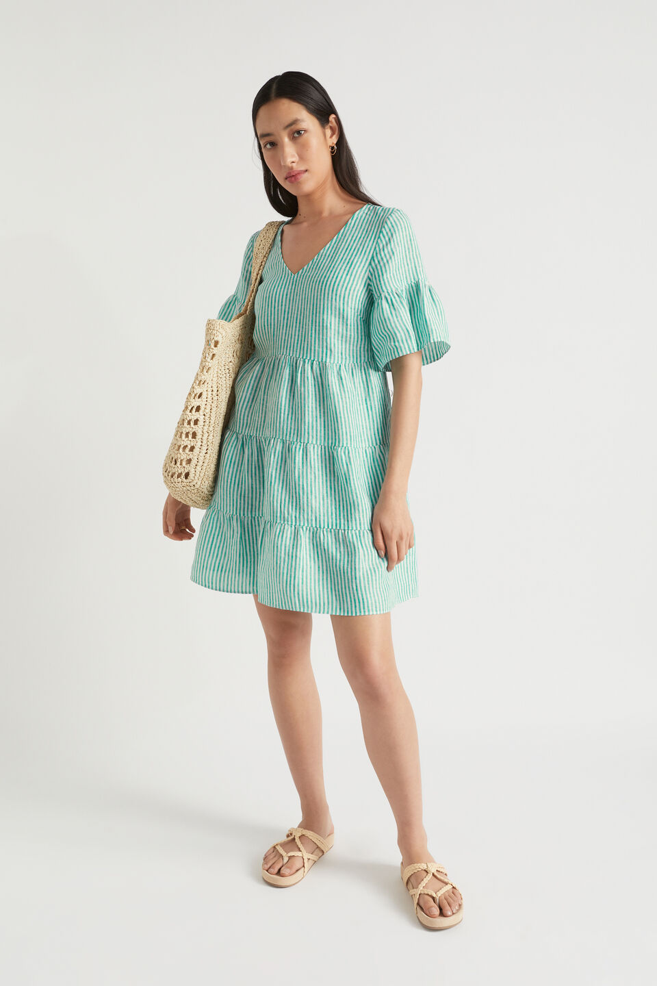 Linen Stripe Mini Dress  Deep Teal Stripe
