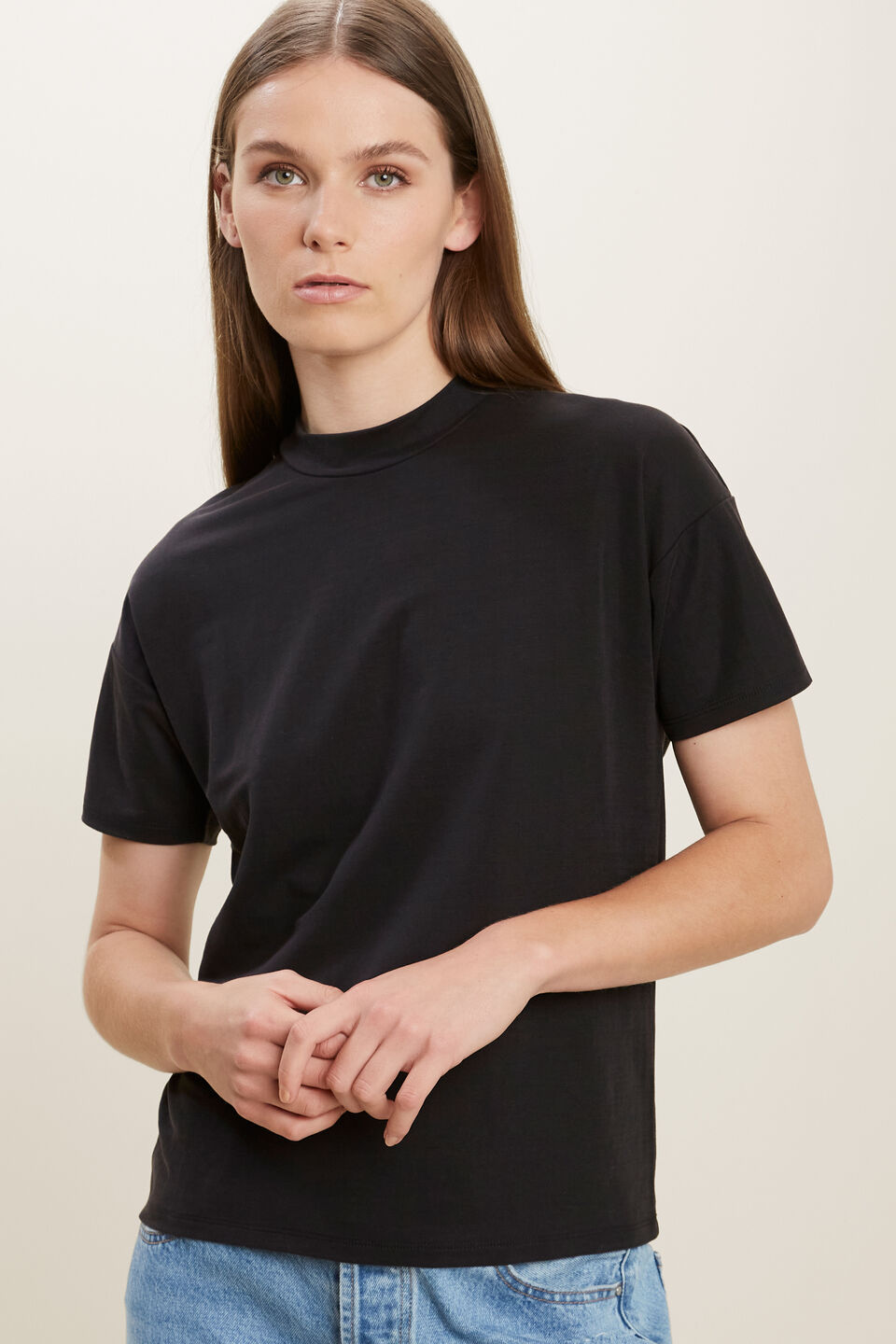 Mock Neck Pique Tee  Black