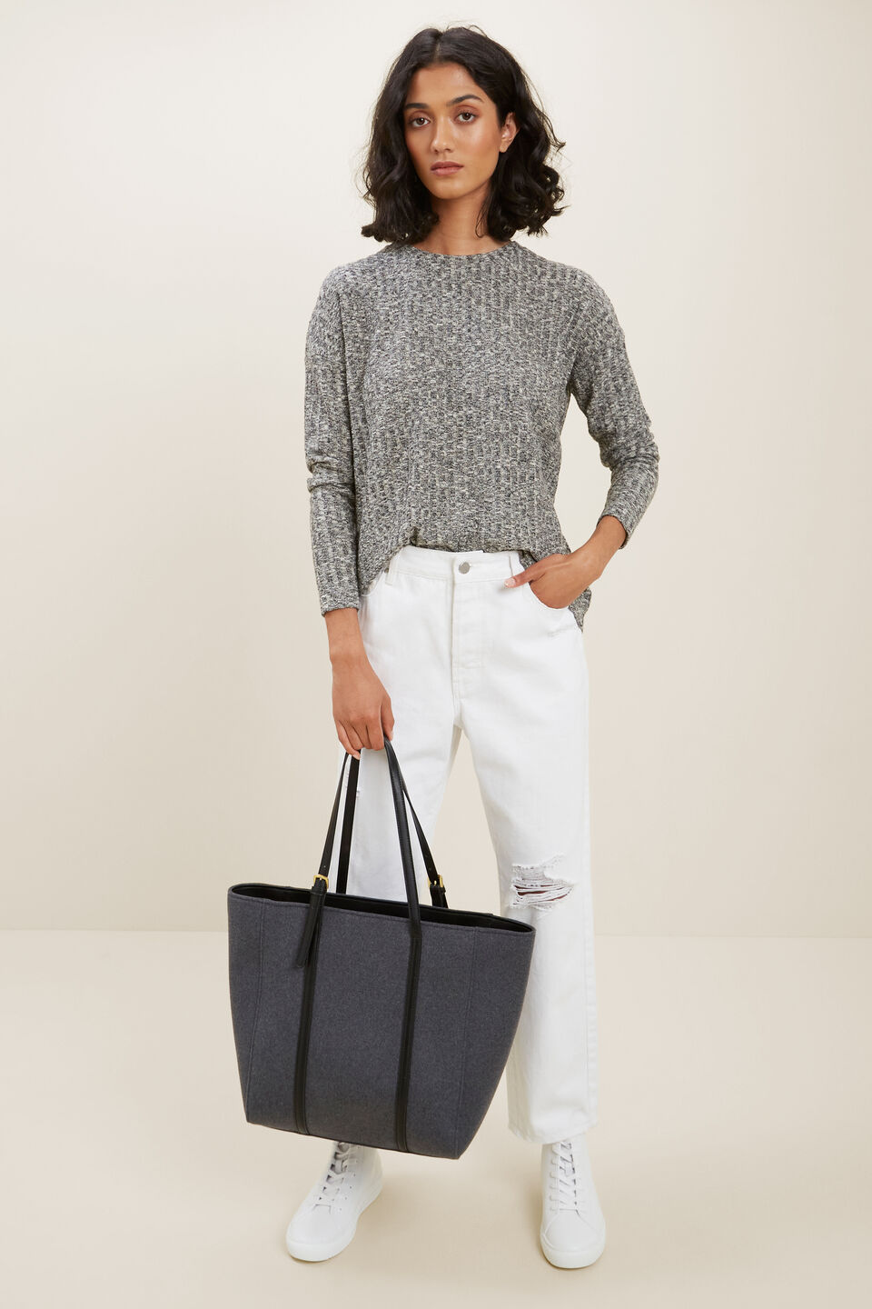 Marle Rib Long Sleeve Top  Black Cream Marle