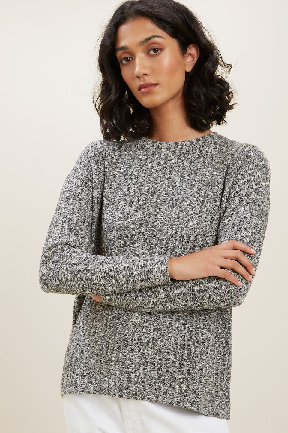 Marle Rib Long Sleeve Top  Black Cream Marle