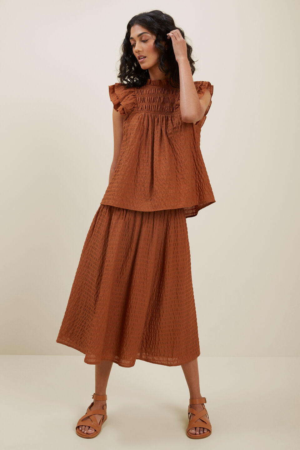 Textured Frill Sleeve Top  Earth Red