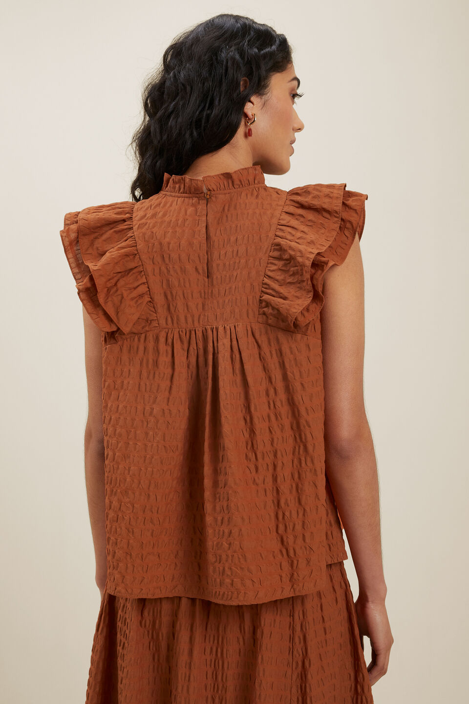 Textured Frill Sleeve Top  Earth Red