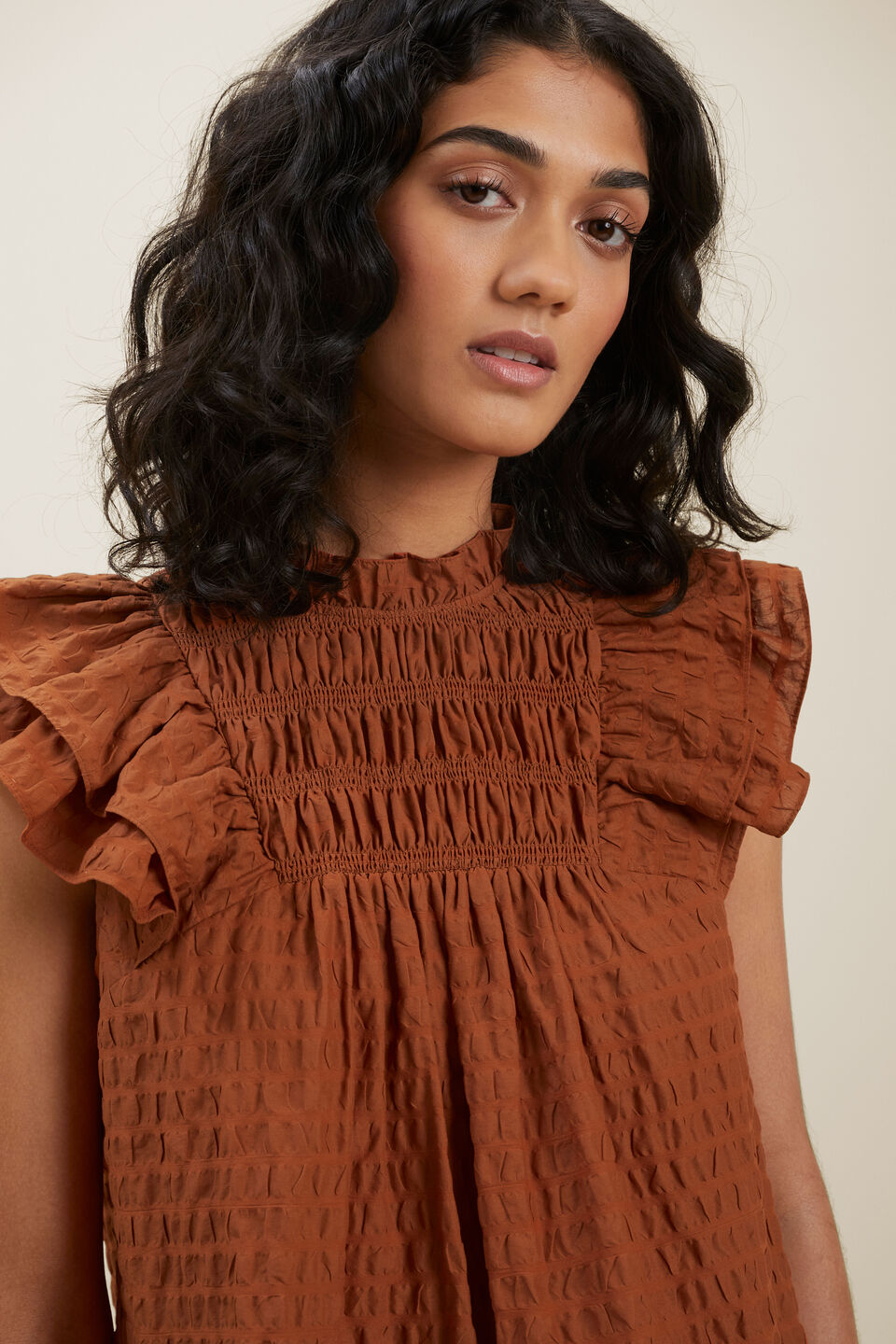 Textured Frill Sleeve Top  Earth Red