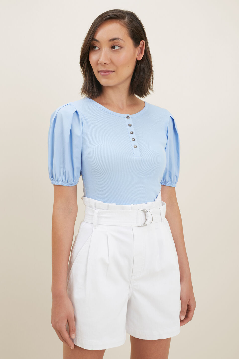 Poplin Henley Top  Clear Sky