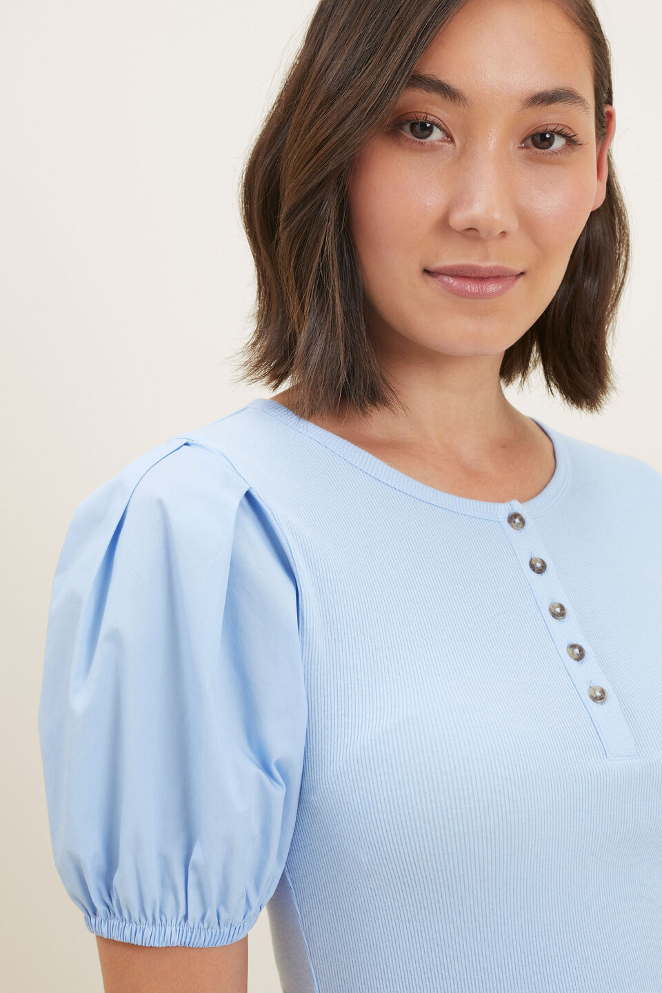 Poplin Henley Top  Clear Sky