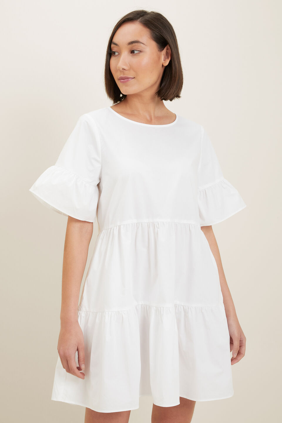 Poplin Frill Sleeve Dress  Whisper White