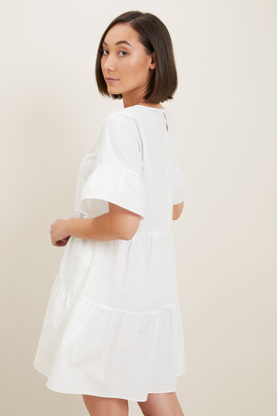 Poplin Frill Sleeve Dress  Whisper White