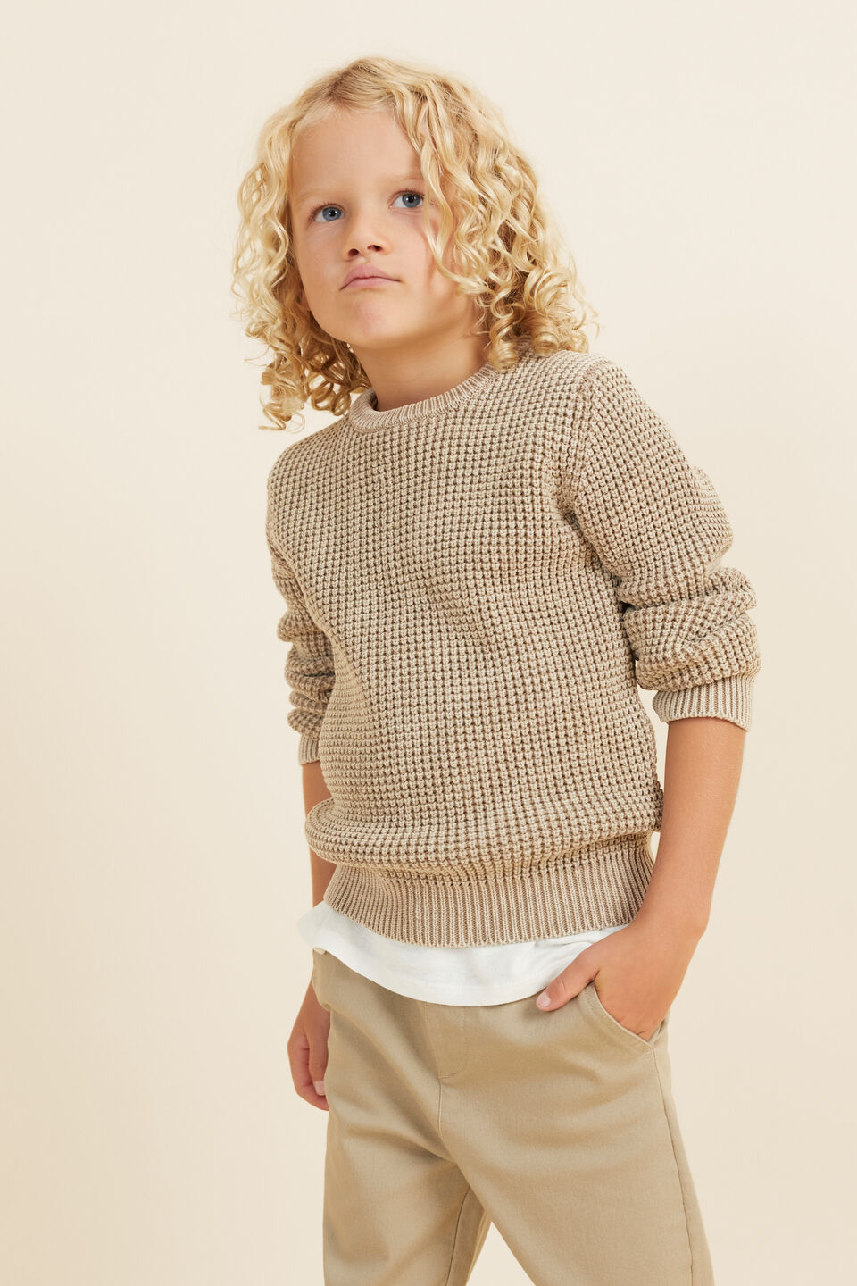 Waffle Crew Knit  Light Oak