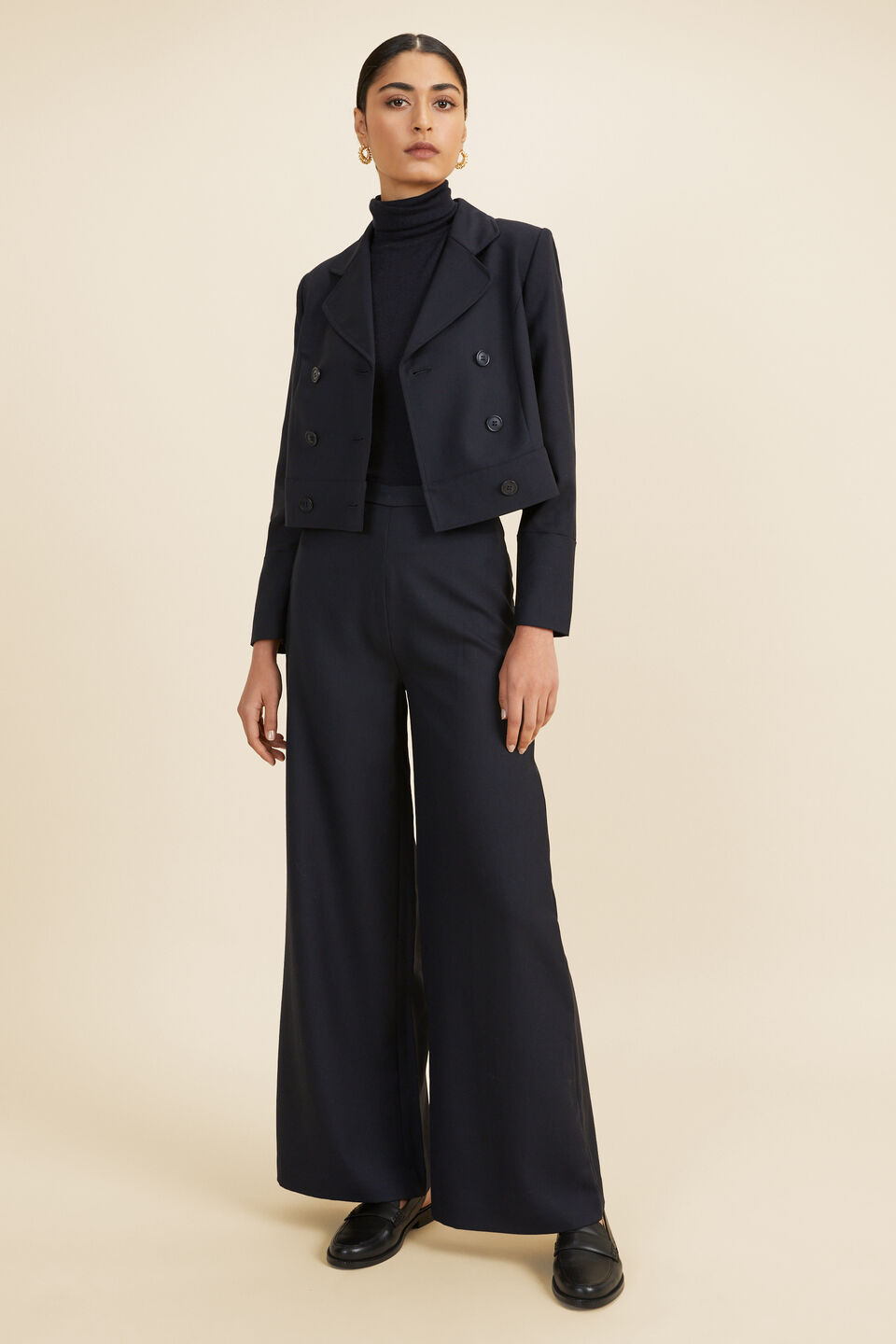 Wool Blend Cropped Suiting Jacket  Deep Navy
