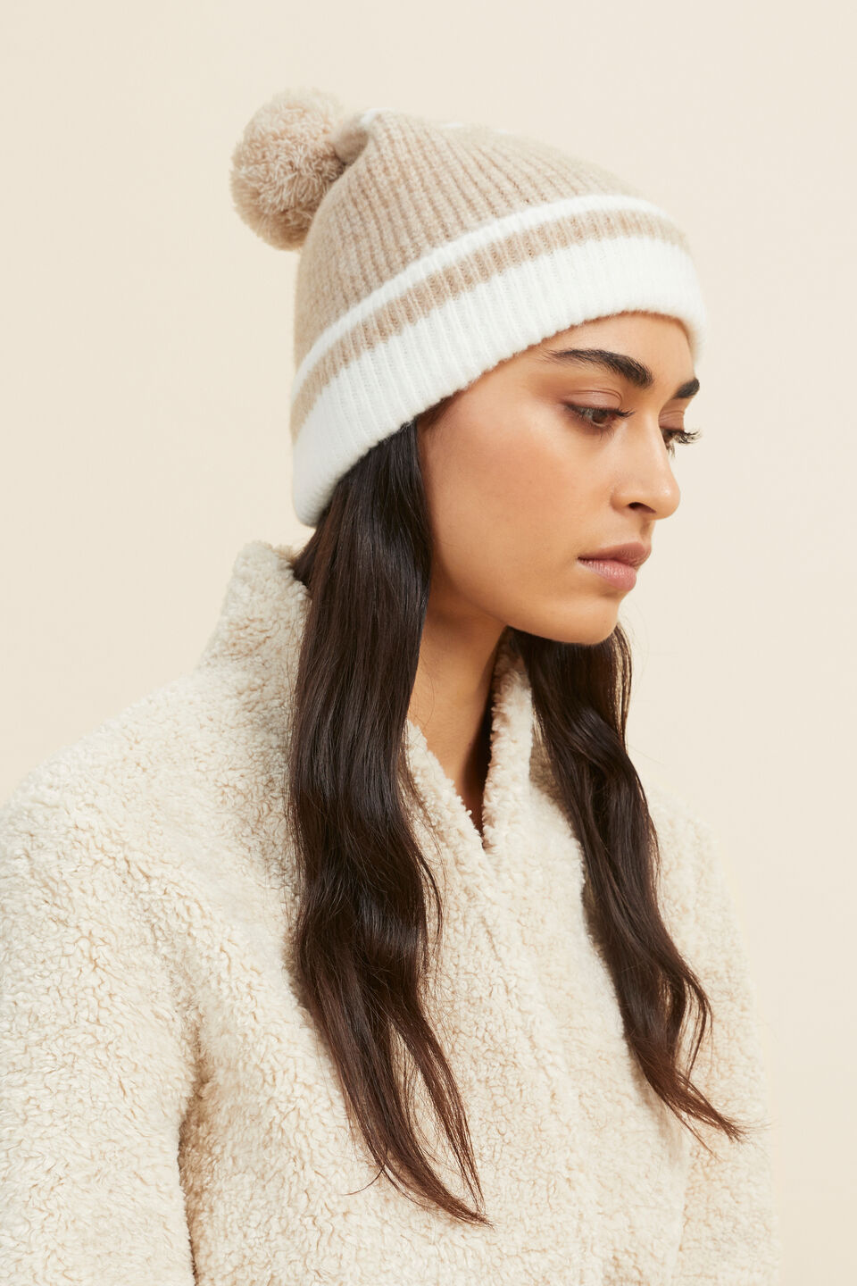Contrast Stripe Knitted Beanie  Champagne Beige Multi