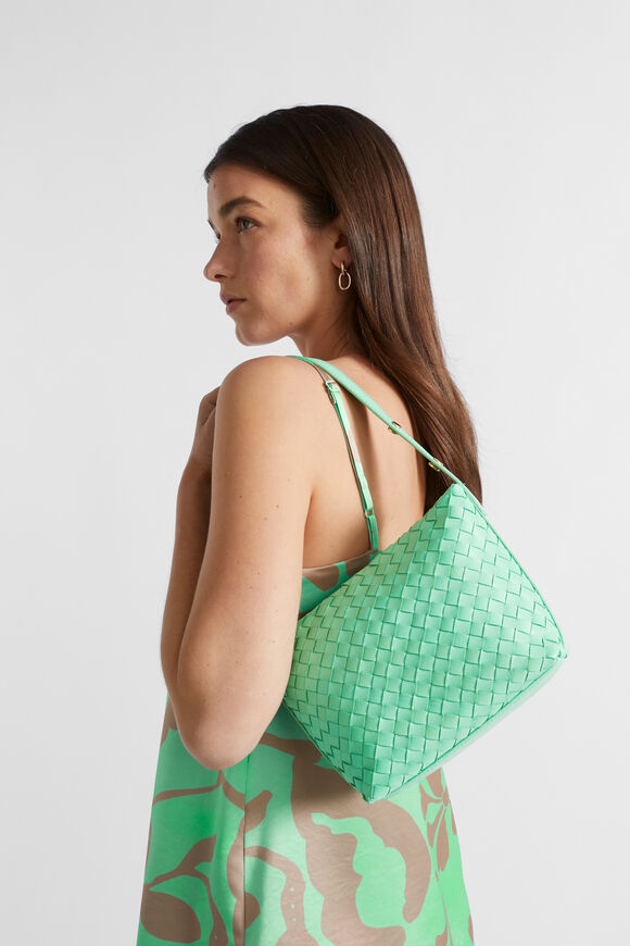 Leather Woven Shoulder Bag  Key Lime  hi-res